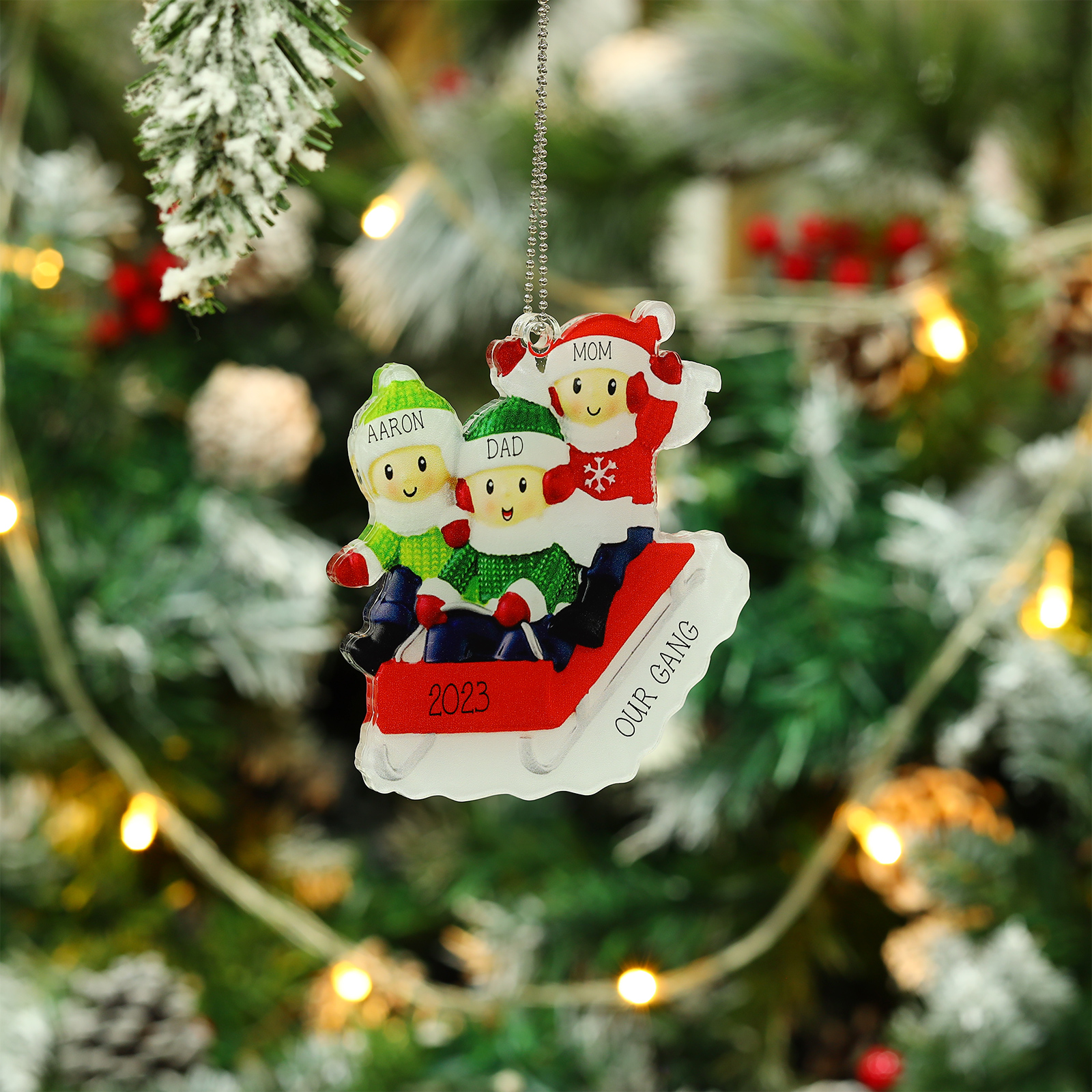 Navidad-Ornamentos Navideños de Acrílico Carro de Esquí 3 Nombres con Texto y Año Personalizados