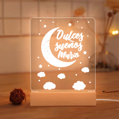 Lámpara Ilusión 3D Luz de Noche LED Dulces Sueños Luna y Nubes con Nombre Personalizado-Jessemade ES
