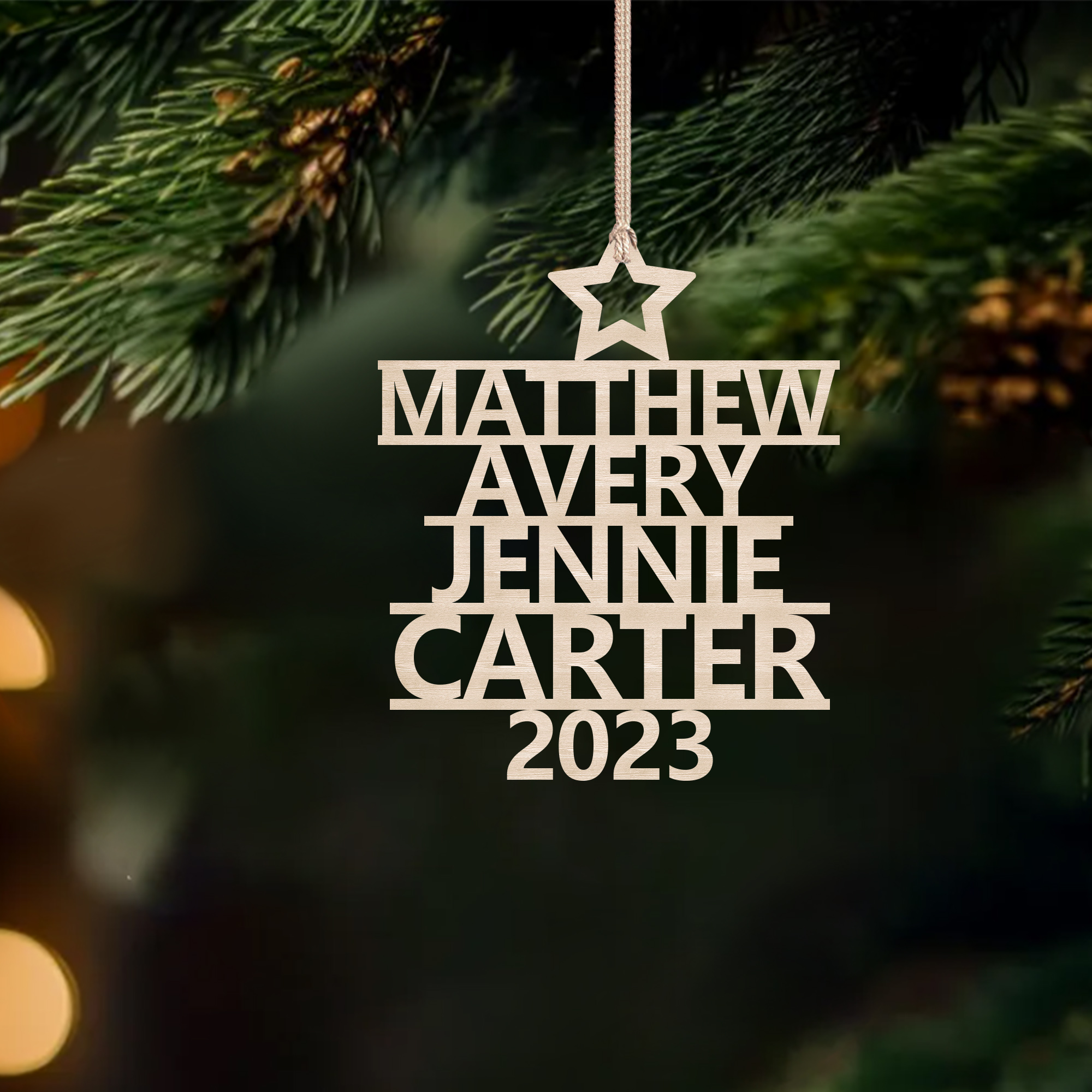 Navidad-Ornamento navideño de madera árbol de nombres con 4 nombres y año personalizados