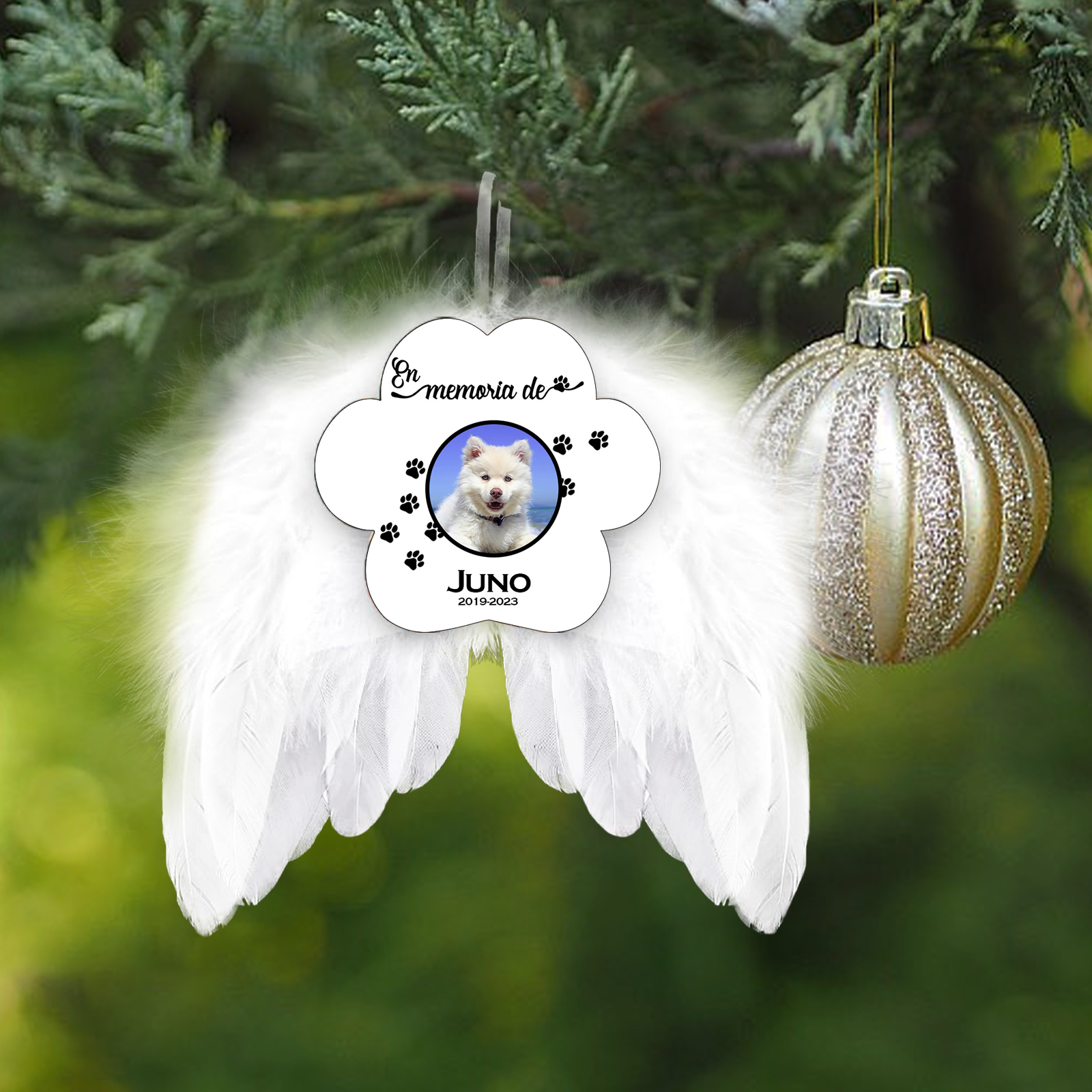 Navidad-Ornamento navideño alas de ángel en memoria de perros con 1 foto, 1 nombre y años personalizados-Jessemade ES