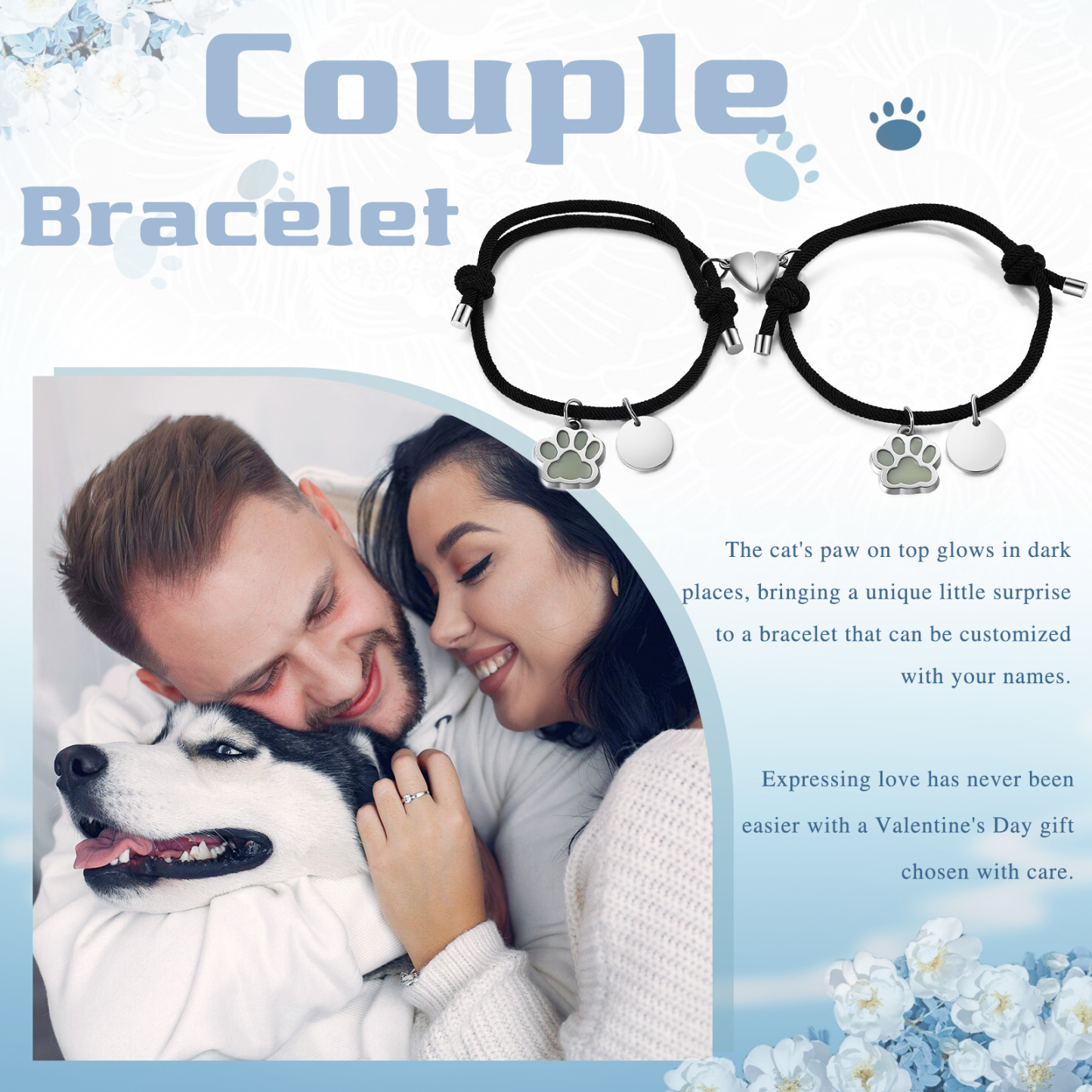 Pulsera para pareja de pata fluorescente 2 nombres personalizados con dije de corazón magnético-Jessemade ES