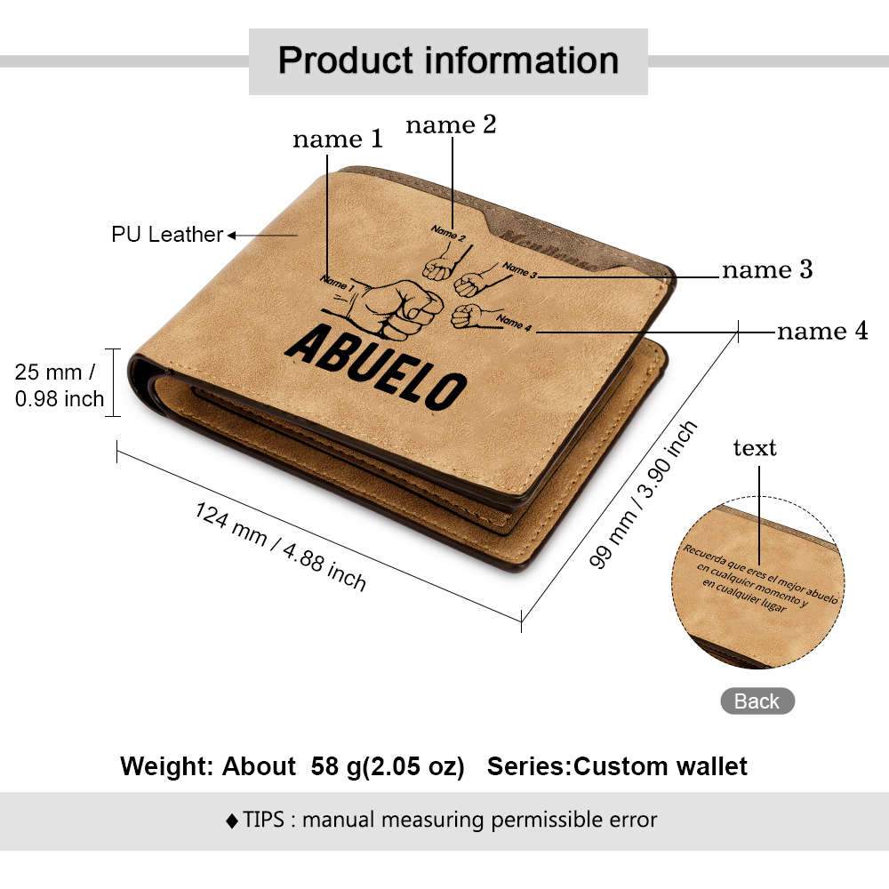 A mi abuelo-Cartera 2-5 nombres personalizados billetera clásica puño con puño -Jessemade ES