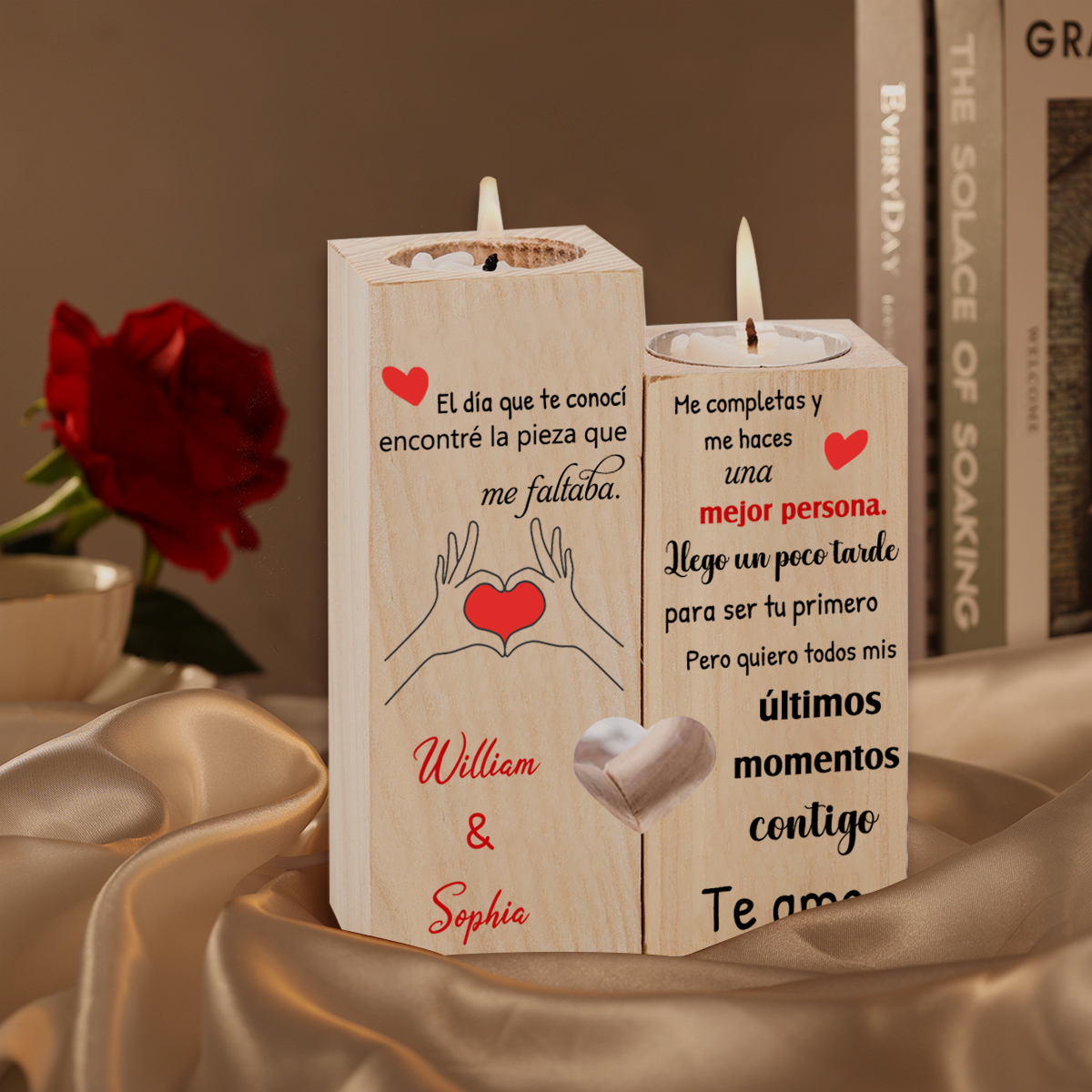 Candelero para pareja de madera de dos piezas sin candela con 2 nombres personalizados-Jessemade ES