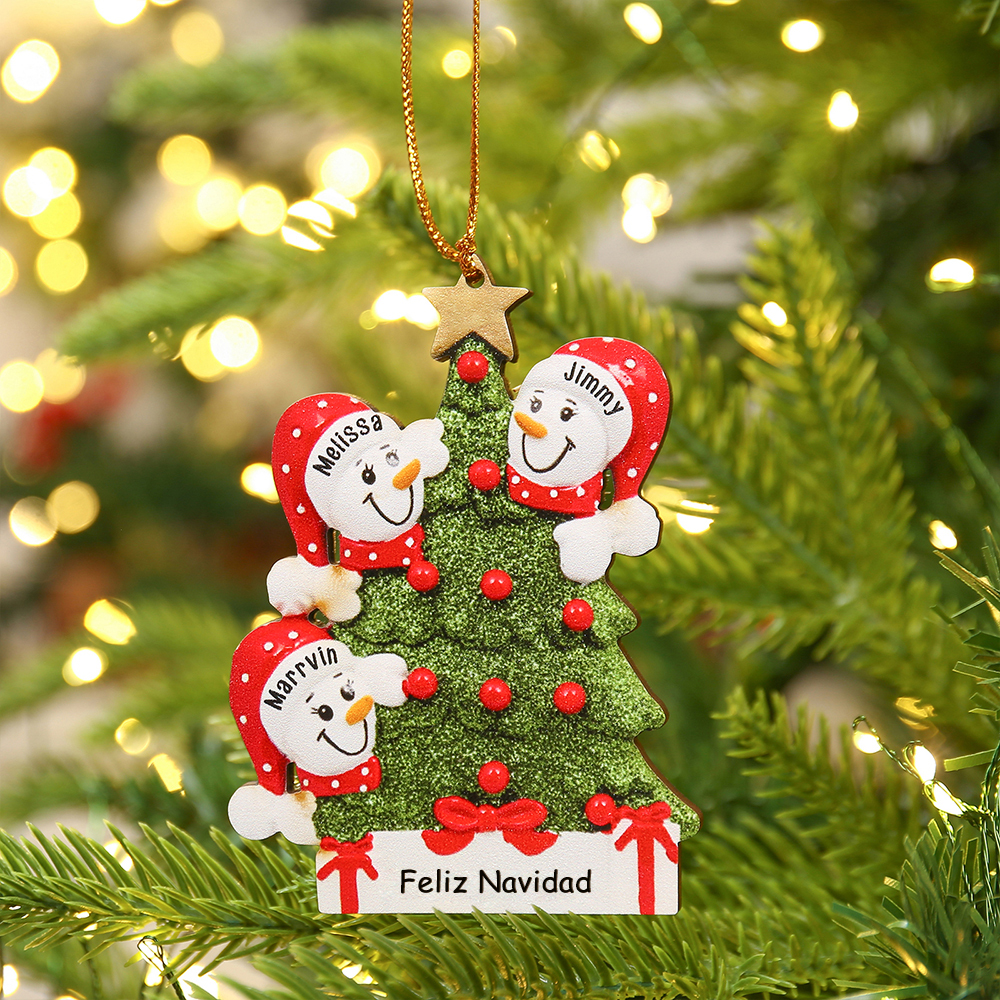 Navidad-Ornamentos Navideños de Madera Árbol y muñecos de nieve 3 Nombres con Texto Personalizados