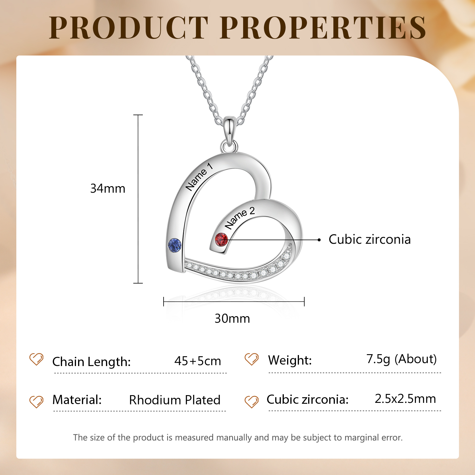 Collar en corazón con 2-5 nombres personalizados y 2-5 piedras de nacimiento-Jessemade ES