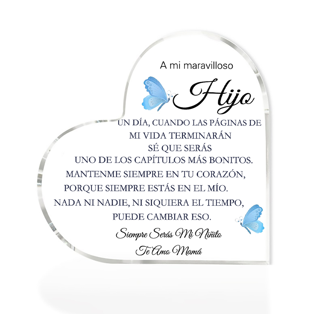 A mi hijo-Placa de acrílico en forma de corazón con 1 texto personalizado-Jessemade ES