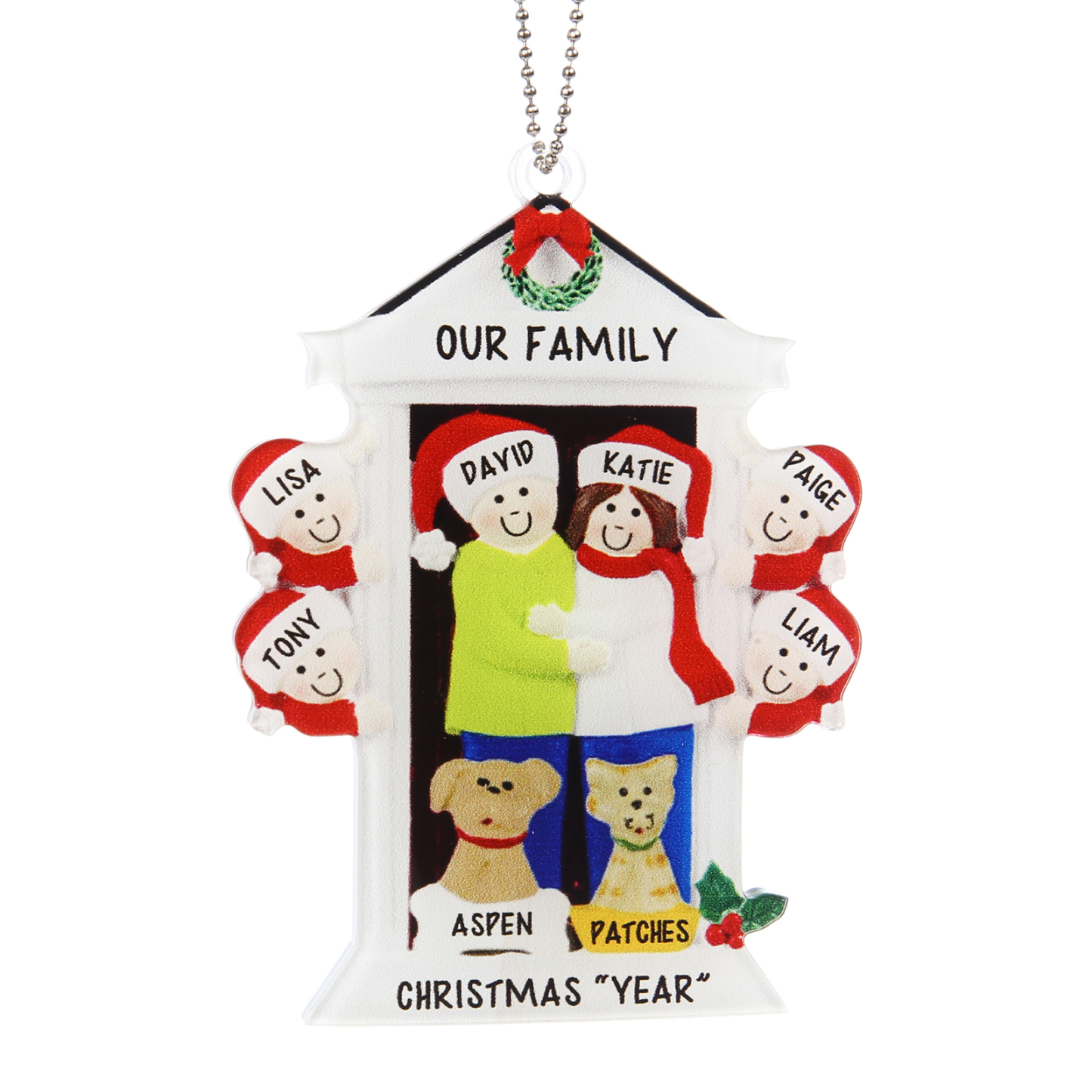 Navidad-Ornamentos Navideños de Acrílico Familia en Puerta con Perro y Gato 8 Nombres Personalizados con 2 Textos-Jessemade ES