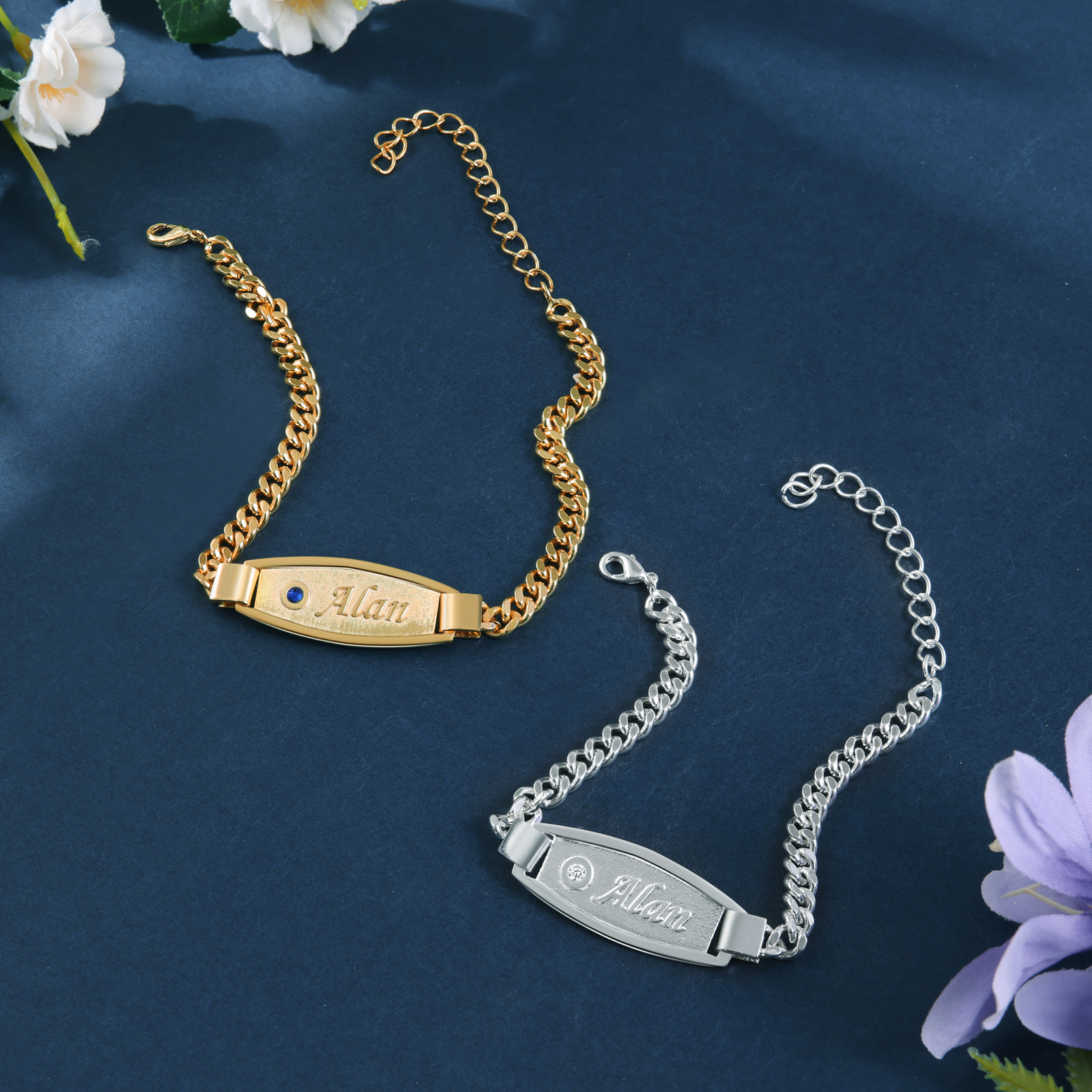 Pulseras de cadena para pareja con placa 2 nombres y 2 piedras personalizados-Jessemade ES