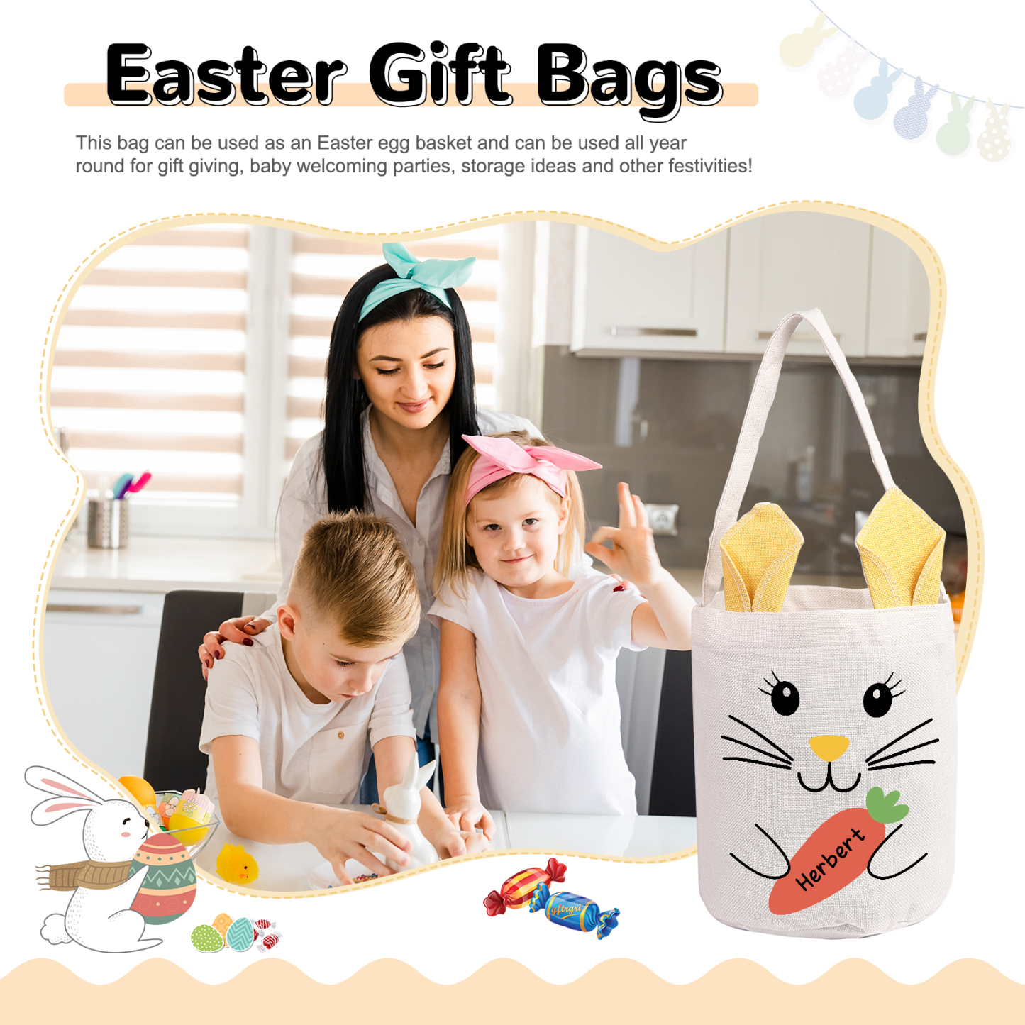 Pascua-Bolsa de conejo con 1 nombre personalizado-Jessemade ES