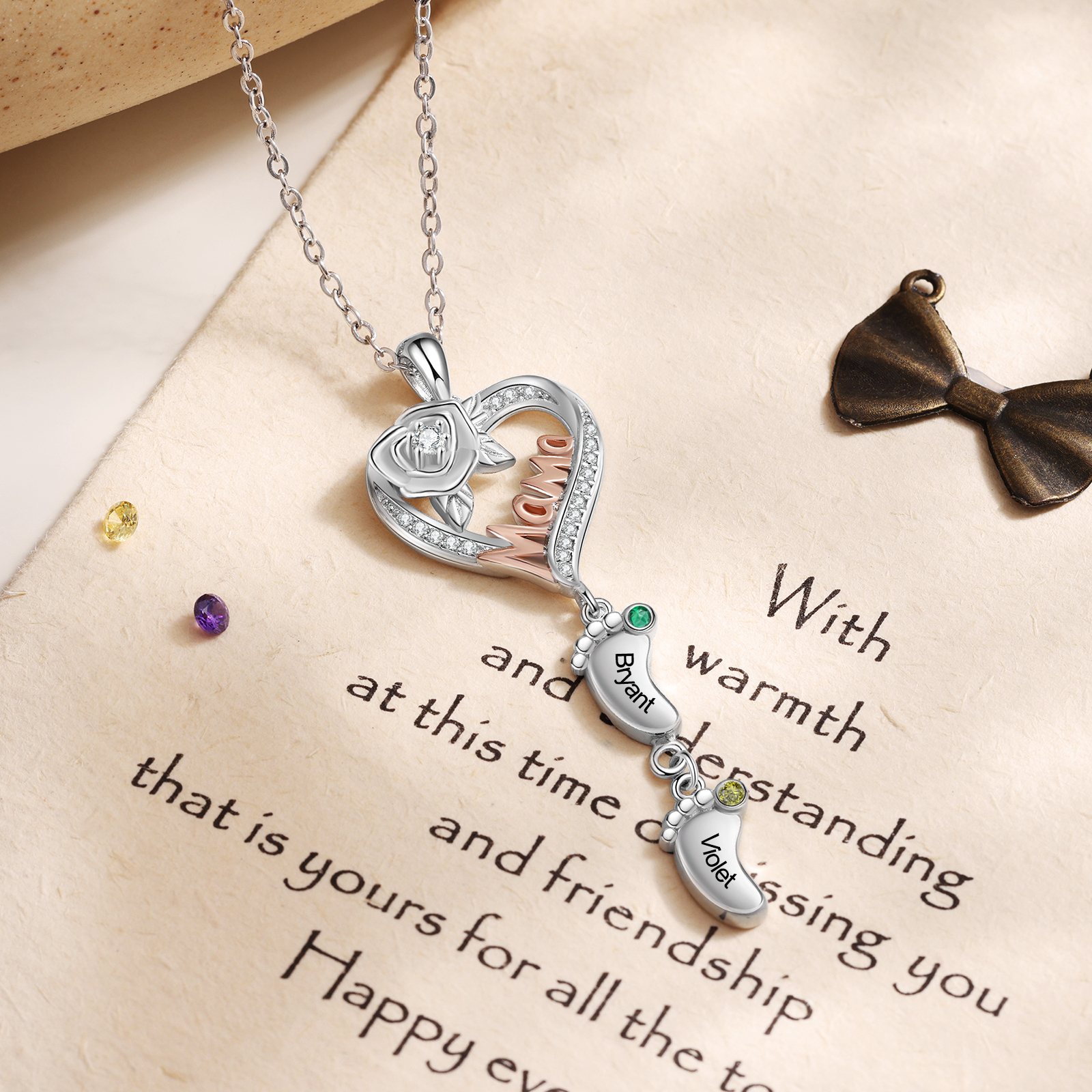 Collar "Mama" con 1-5 colgantes de huella personalizada con 1-5 nombres y piedras de nacimiento-Jessemade ES