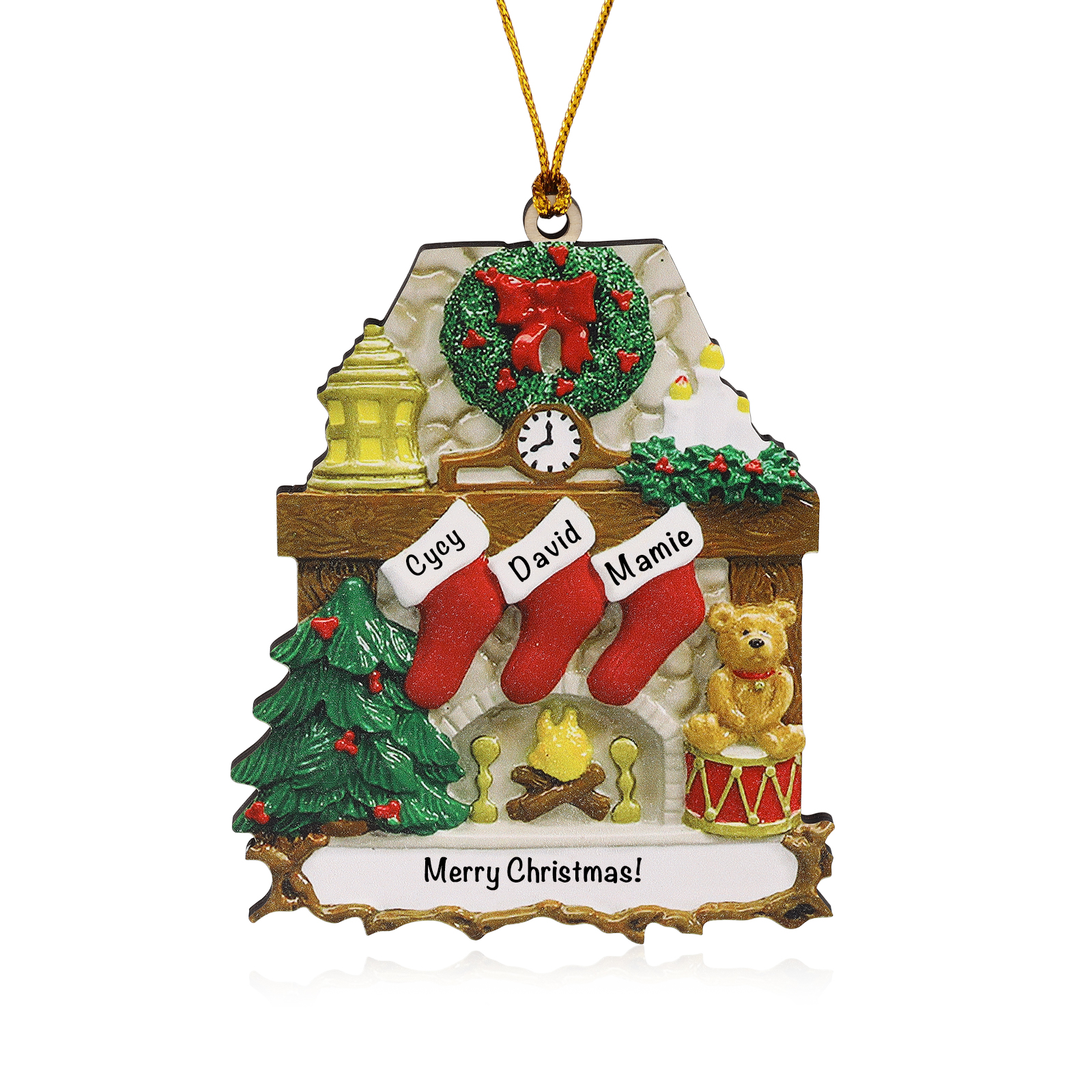 Navidad-Ornamento navideño de madera chimenea y calcetines con 3 nombres y 1 texto personalizados