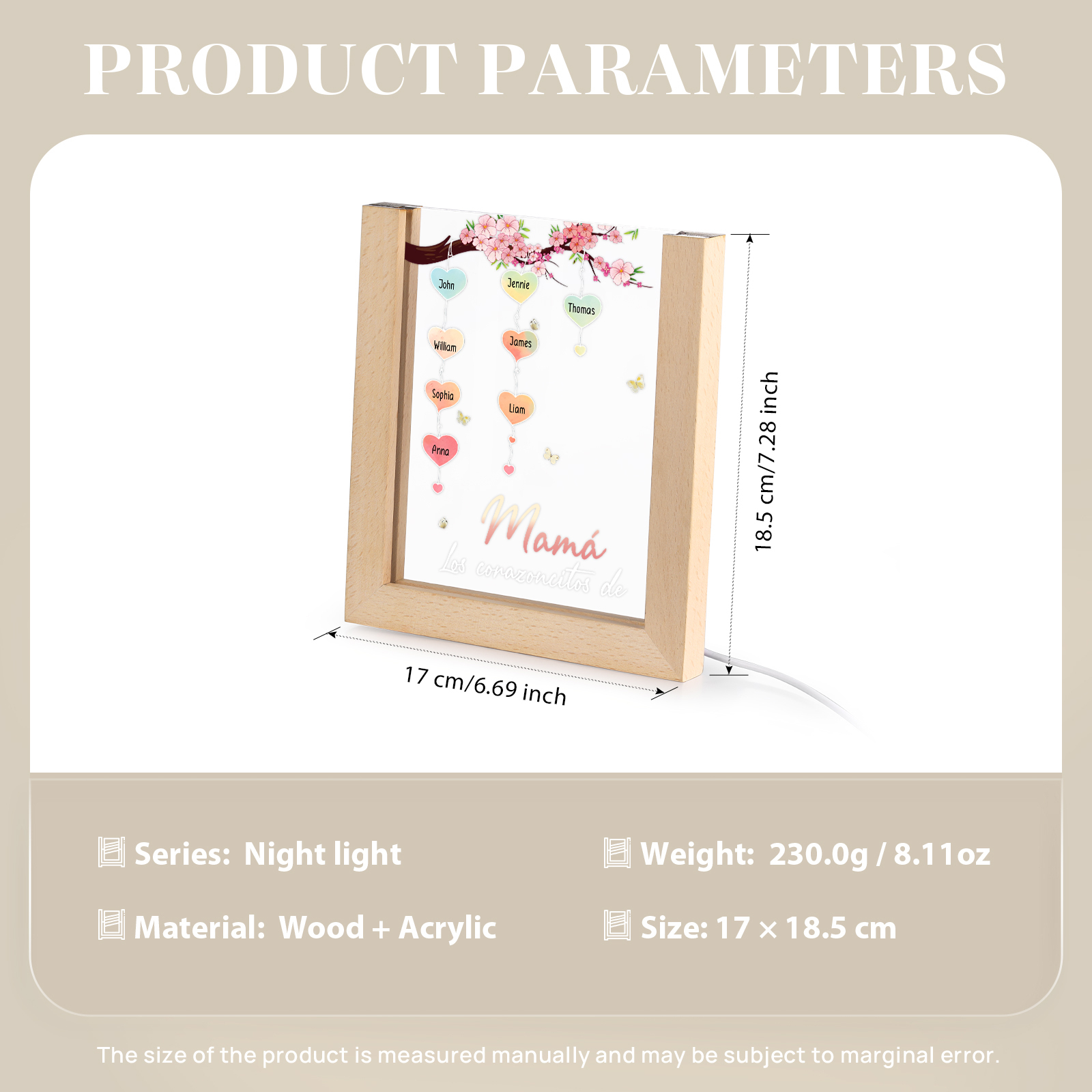 A mi mamá/abuela-Lámpara Personalizada con 2-8 Nombres y Texto "árbol y corazones" 3D Ilusión Luz de Noche-Jessemade ES