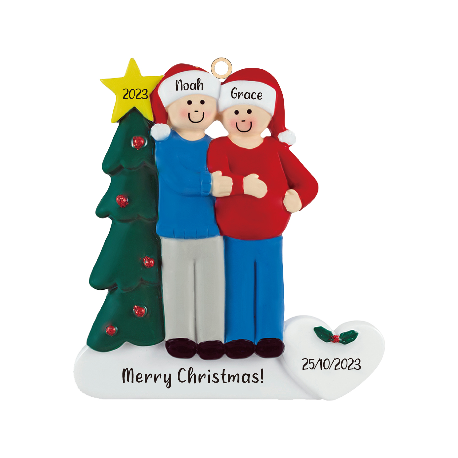 Navidad-Muñecos Ornamentos Navideños de Pareja 2 Nombres, Año, Fecha y Texto Personalizados Adorno de Madera-Jessemade ES