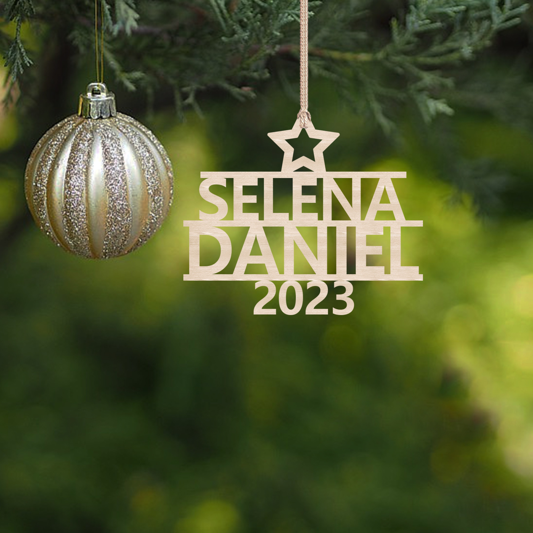 Navidad-Ornamento navideño de madera árbol de nombres con 2 nombres y año personalizados