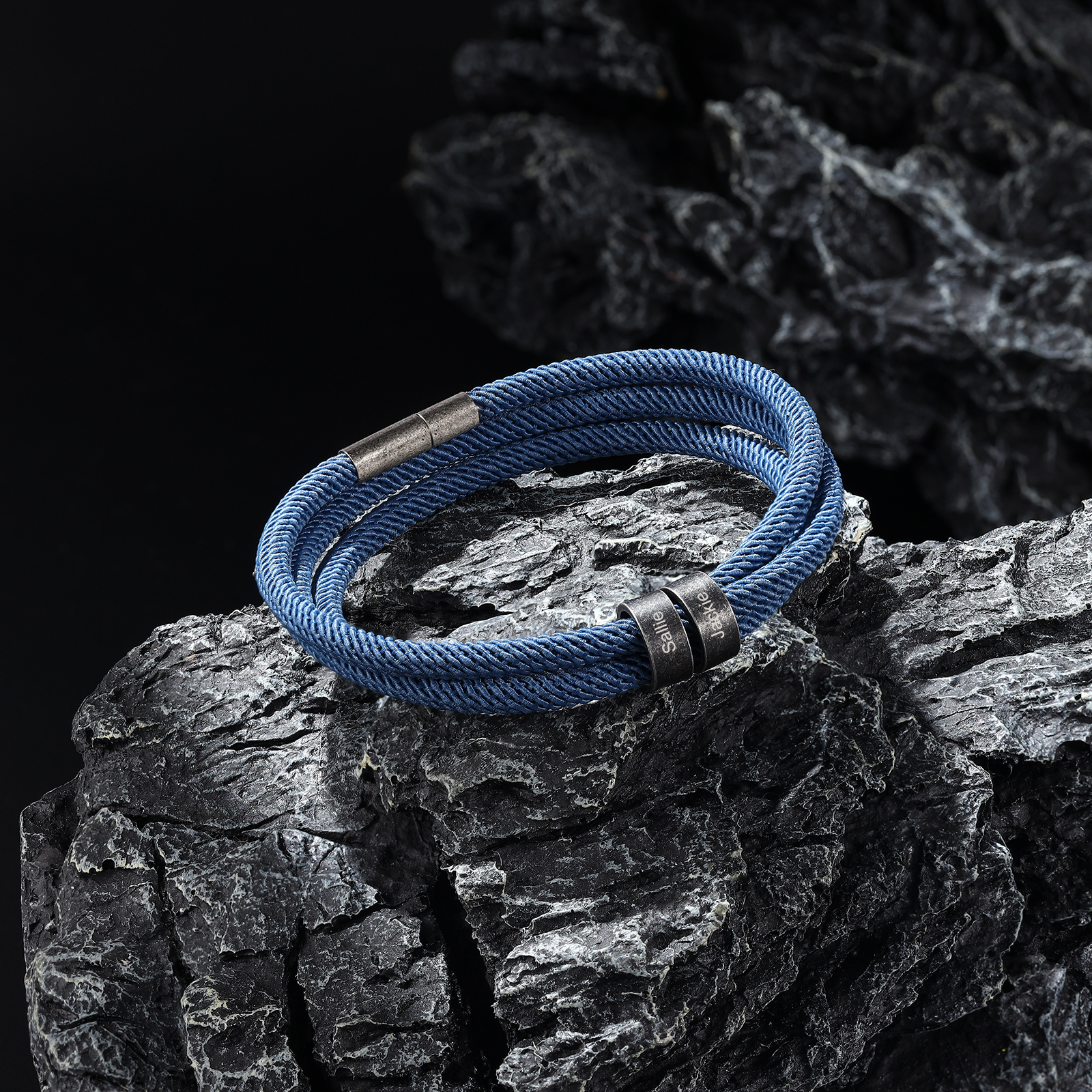 2-4 Nombres Personalizados Pulsera de Triple Cuerda Azul Aros de Acero Inoxidable-Jessemade ES