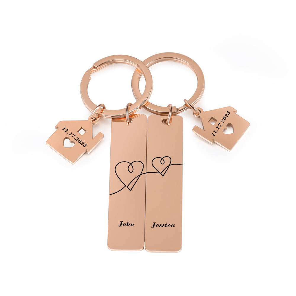 Llavero para pareja corazones conectados 2 nombres personalizados con fecha dije de casa-Jessemade ES