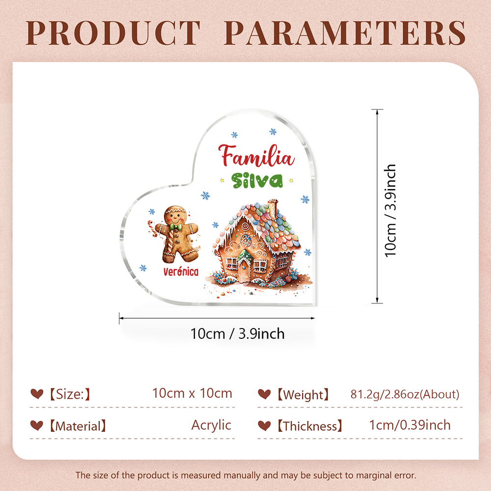 Navidad - Placa de acrílico en forma de corazón jengibres y su casa con 1 nombre y 1 texto personalizados-Jessemade ES