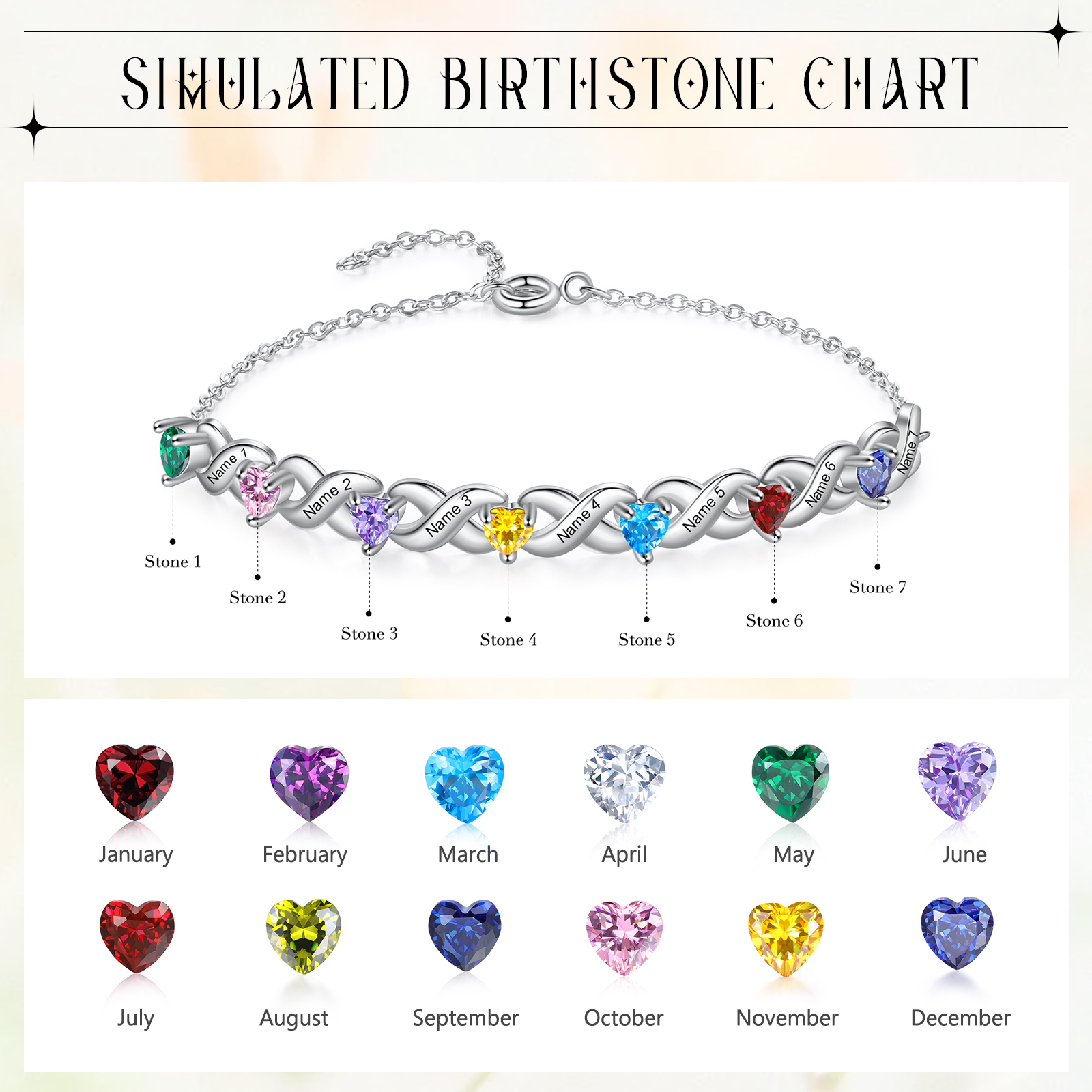 Pulsera infinito personalizada con 7 nombres y 7 piedras de nacimiento de corazón -Jessemade ES