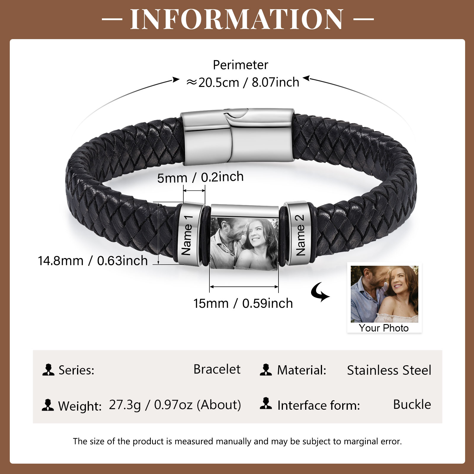 Pulsera de Cueros Trenzados Aros Personalizados de 2-5 Nombres y Placa de Foto-Jessemade ES