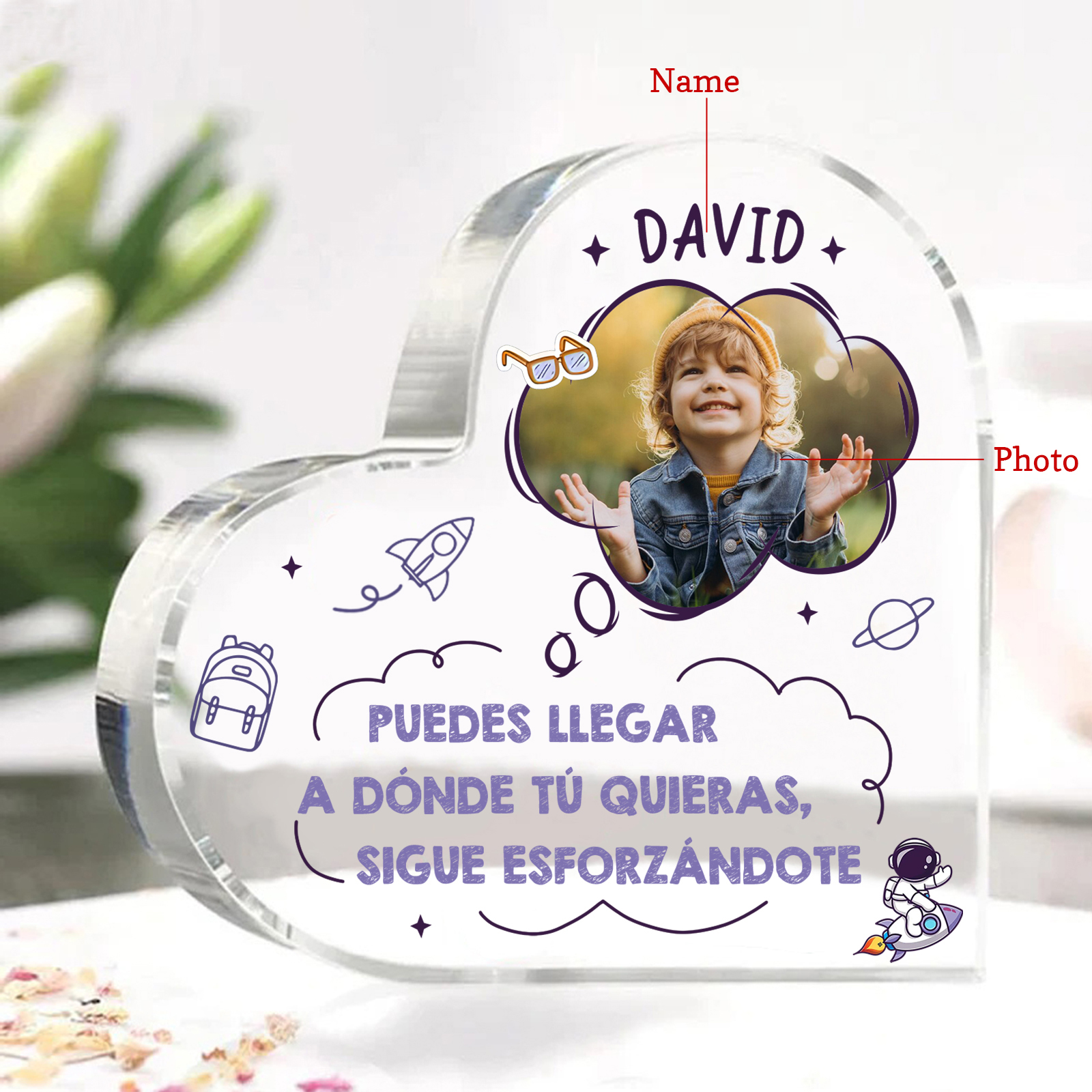 Vuelta al cole-Placa de acrílico en forma de corazón con nombre y foto personalizados