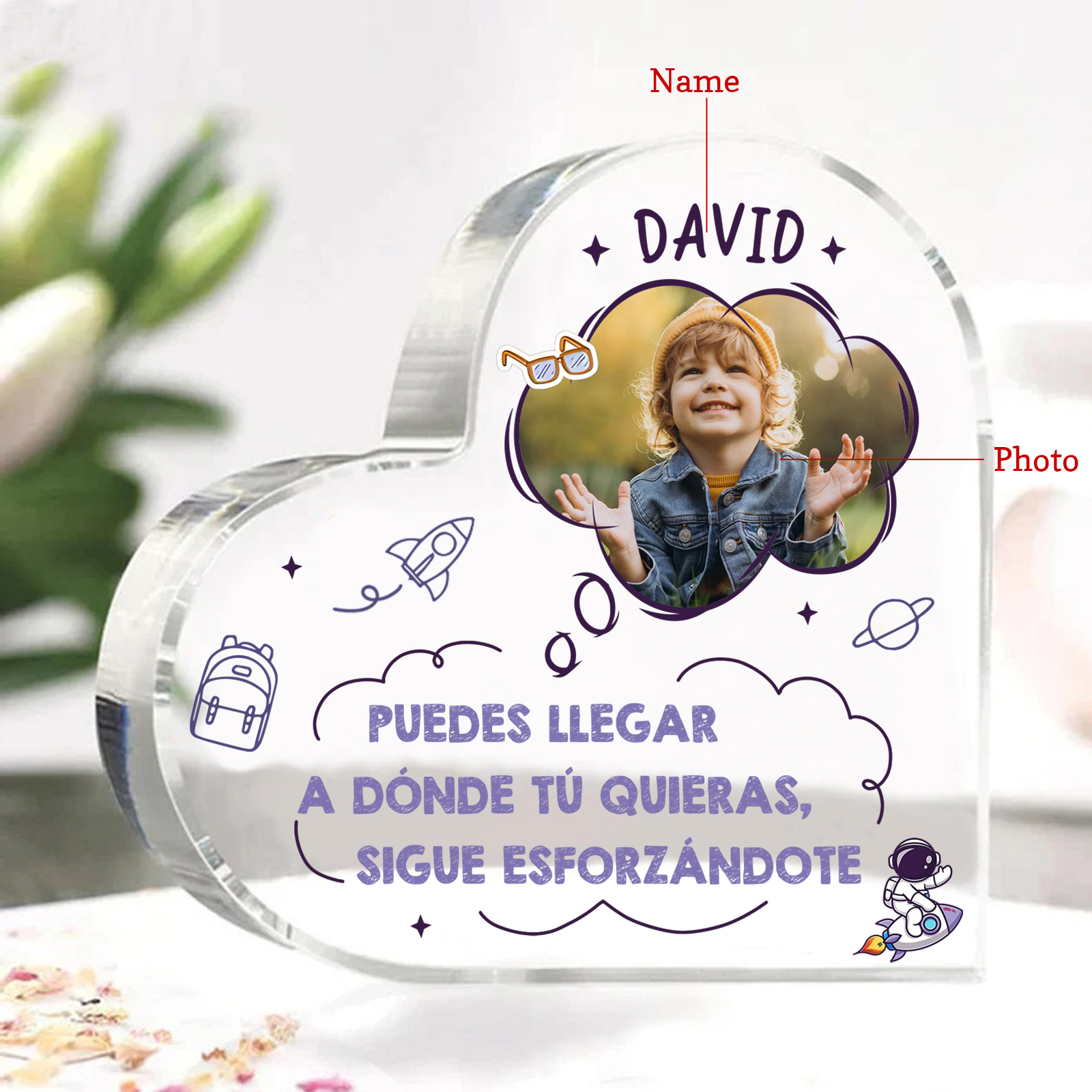 Vuelta al cole-Placa de acrílico en forma de corazón con nombre y foto personalizados