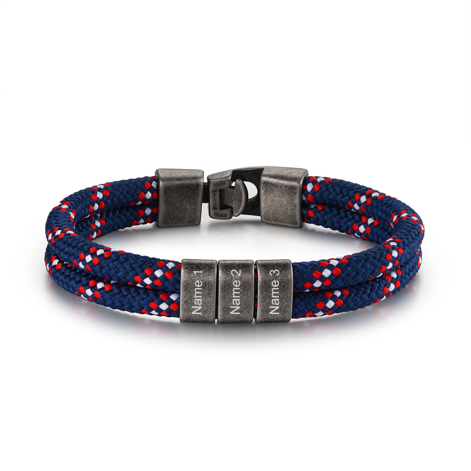 2-4 Nombres Personalizados Pulsera de Cuerda Azul Marino con Rojo y Blanco Aros de Acero Inoxidable-Jessemade ES