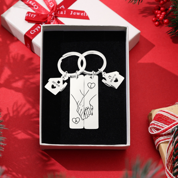 Con caja Navidad - Llavero para pareja mano a mano 2 letras personalizadas con fecha-Jessemade ES
