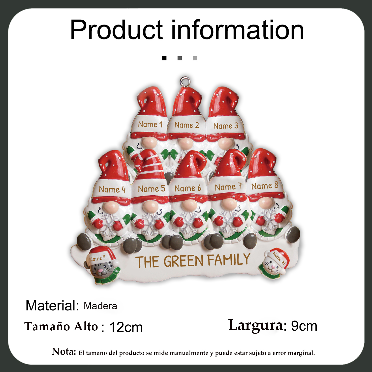 Navidad-Ornamento Navideño Familia de Cinco con Dos Gatos 7 Nombres con Texto Personalizados Adorno de Madera