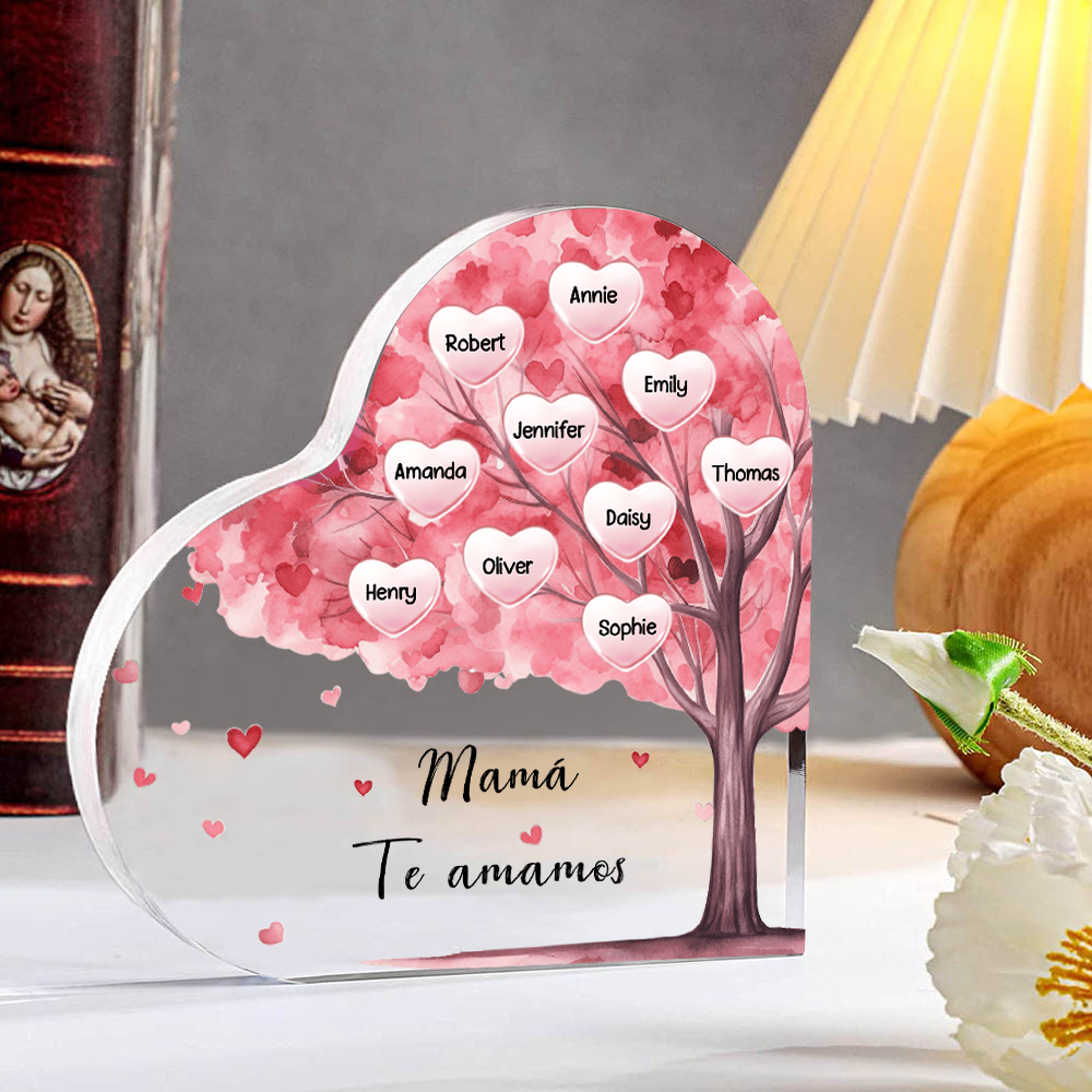 A mi mamá/abuela-Placa de acrílico "Árbol" en forma de corazón 10 nombres y 1 texto personalizados-Jessemade ES