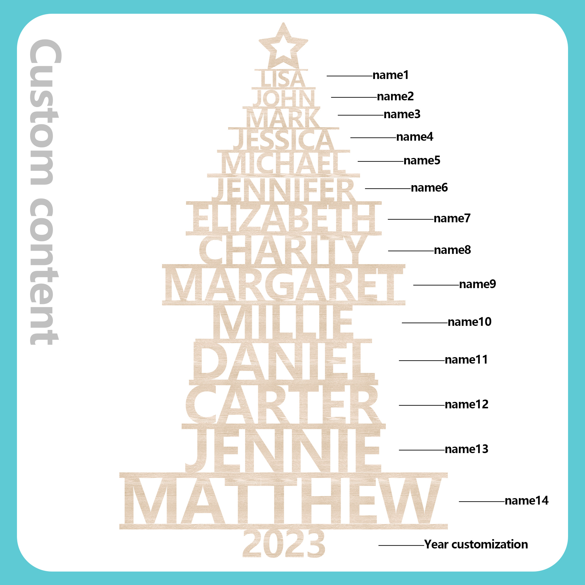 Navidad-Ornamento navideño de madera árbol de nombres con 14 nombres y año personalizados