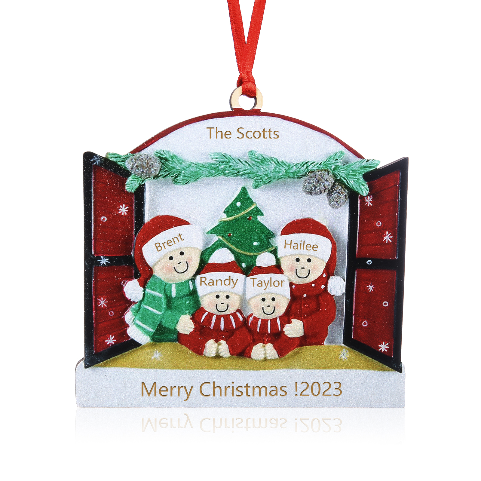 Navidad-Ornamento muñecos navideño de madera familia de 4 y 2 textos y año personalizados adorno del árbol-Jessemade ES