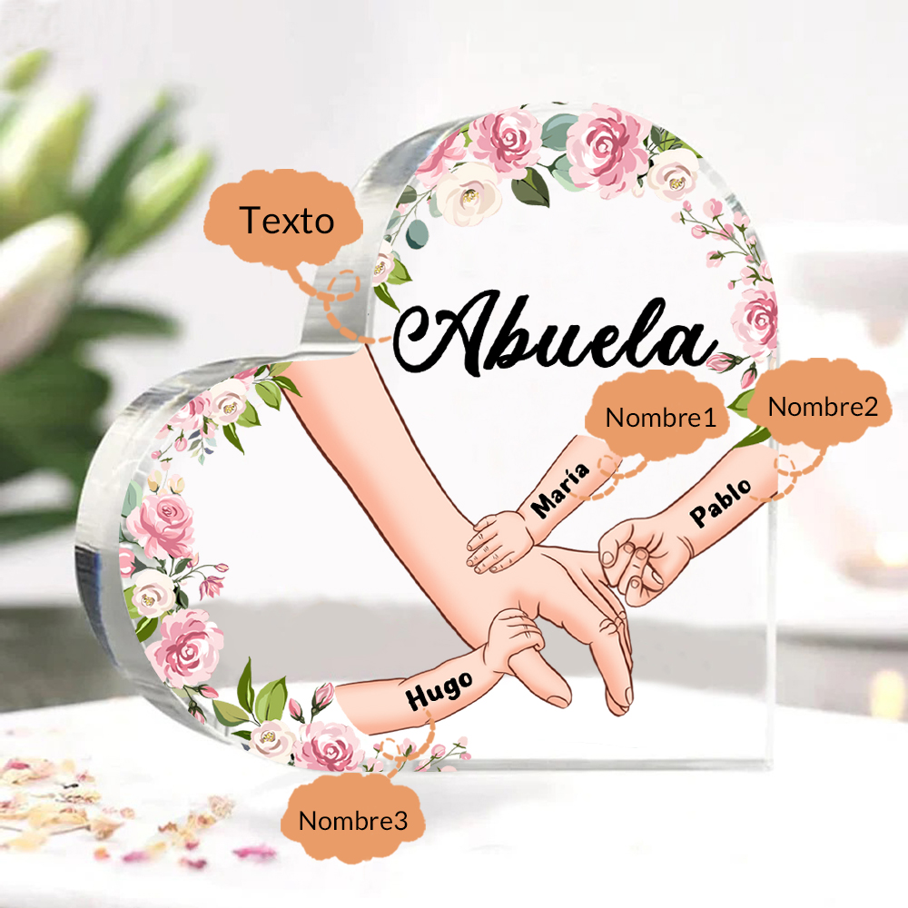 A mi mamá/abuela-Placa de acrílico en forma de corazón mano a mano con 1 texto y 3 nombres personalizados | Jessemade