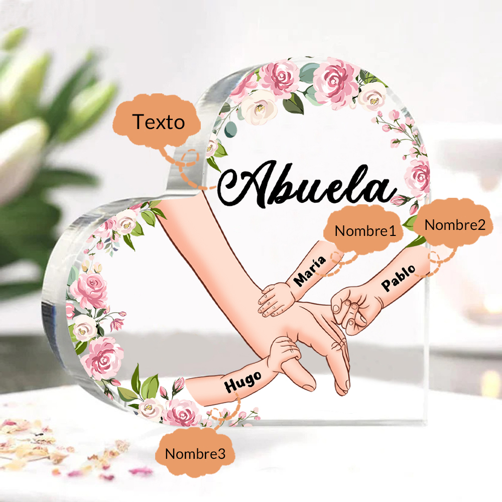A mi mamá/abuela-Placa de acrílico en forma de corazón mano a mano con 1 texto y 3 nombres personalizados | Jessemade