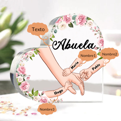 A mi mamá/abuela-Placa de acrílico en forma de corazón mano a mano con 1 texto y 3 nombres personalizados | Jessemade