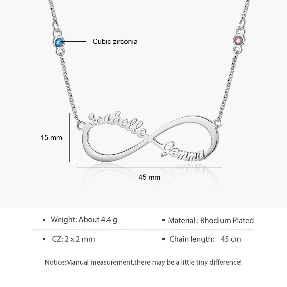 Collar para Mujer de "infinito" 2 Nombres y 2 Piedras de Nacimiento Personalizados
