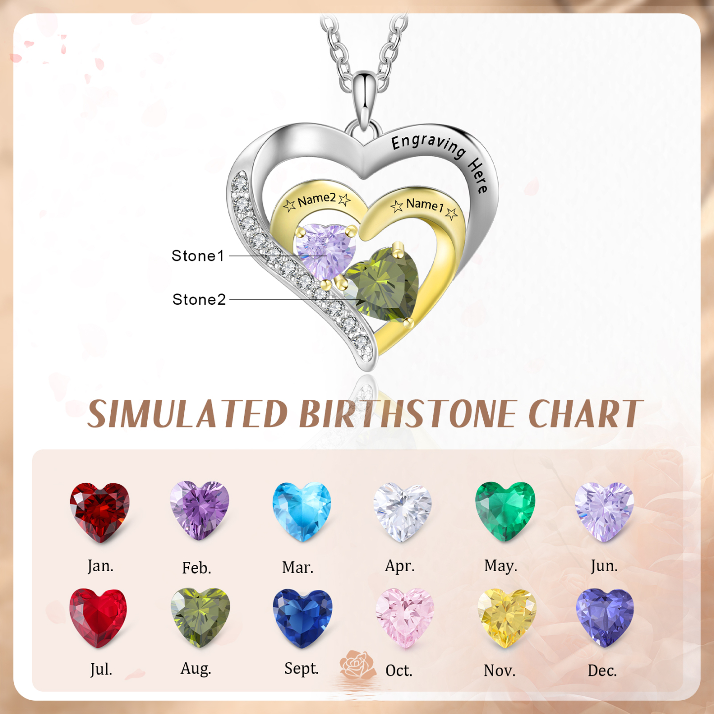 Collar en corazón con 1-3 nombres personalizados, 1-3 piedras de nacimiento y 1 texto-Jessemade ES
