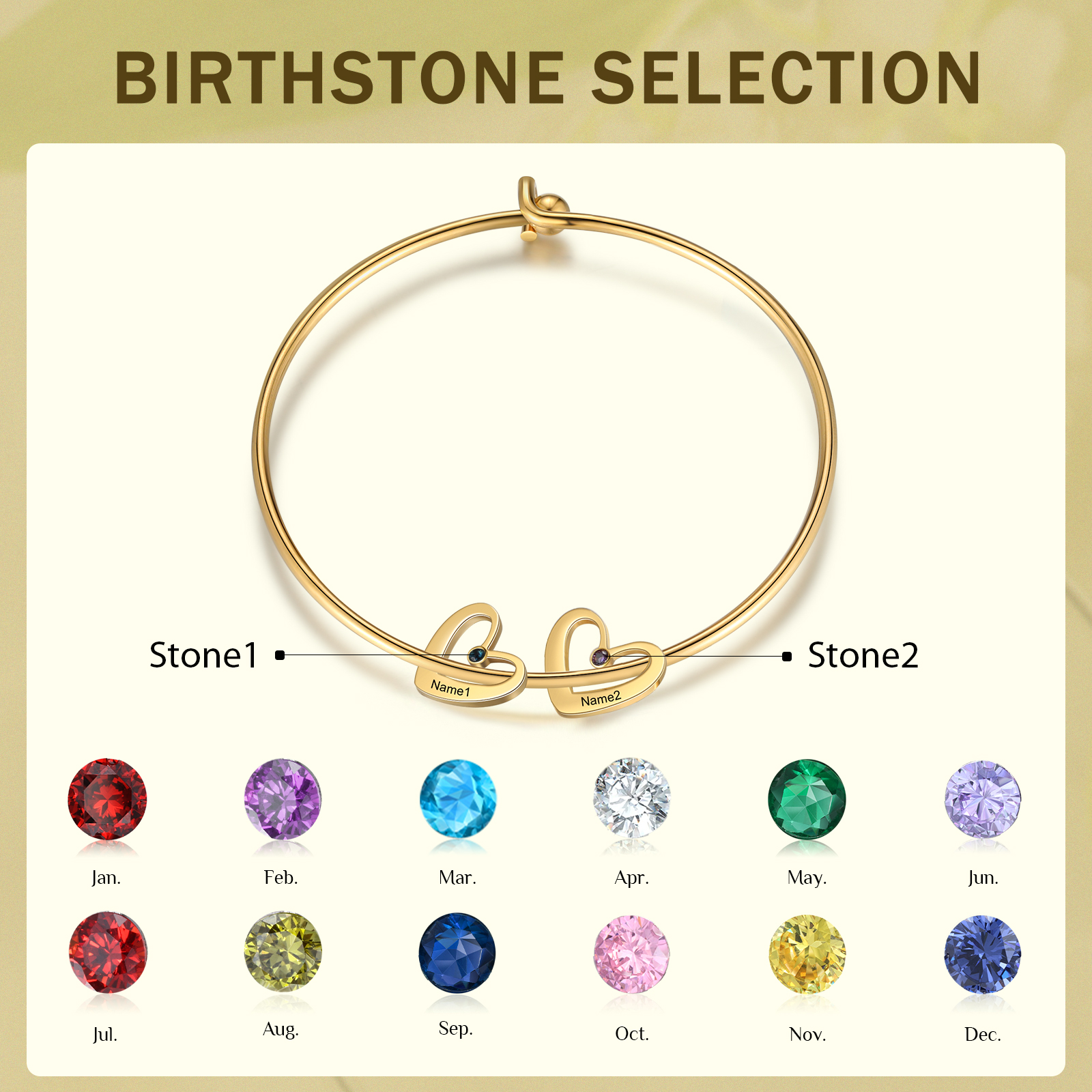 Pulsera 2-6 nombres y piedras de nacimiento personalizados con colgantes de corazón oro rosa