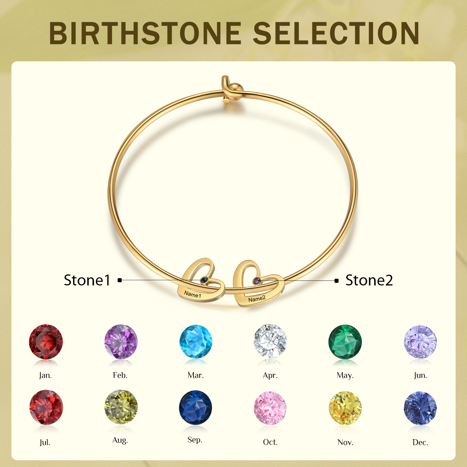 Pulsera 2-6 nombres y piedras de nacimiento personalizados con colgantes de corazón oro rosa