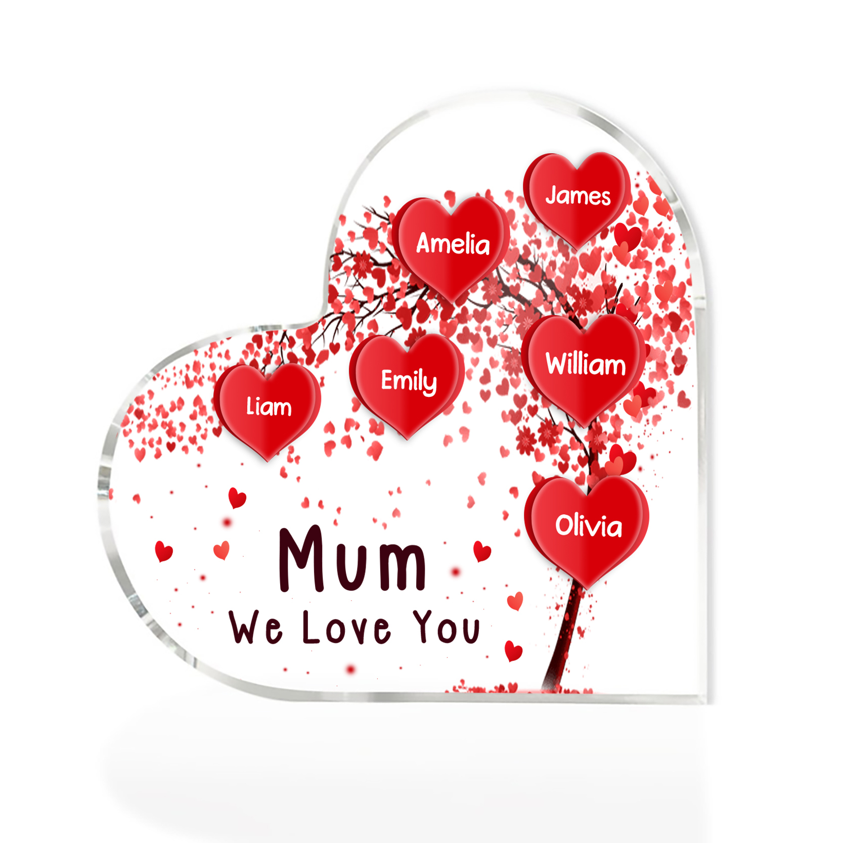 A mi mamá/abuela-Placa de acrílico "Corazones" en forma de corazón 6 nombres y 1 texto personalizados-Jessemade ES