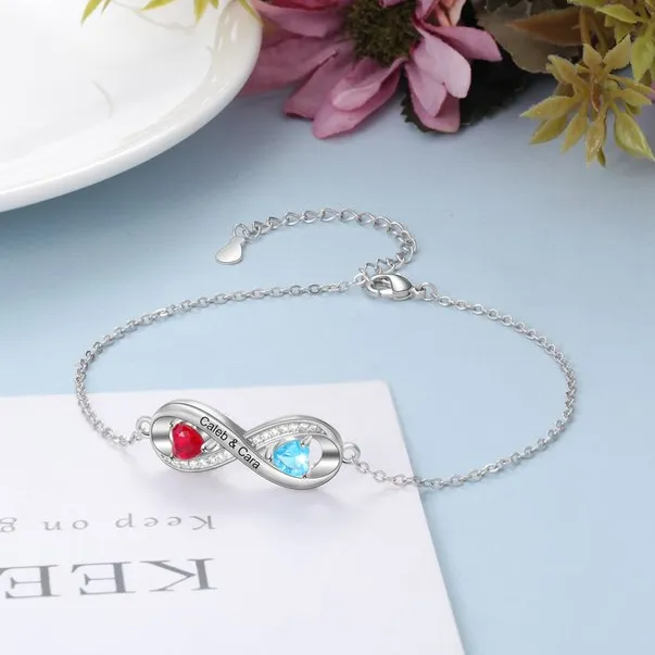 Pulsera para mujer de "infinito" con 2 nombres y 2 piedras de nacimiento personalizados | Jessemade
