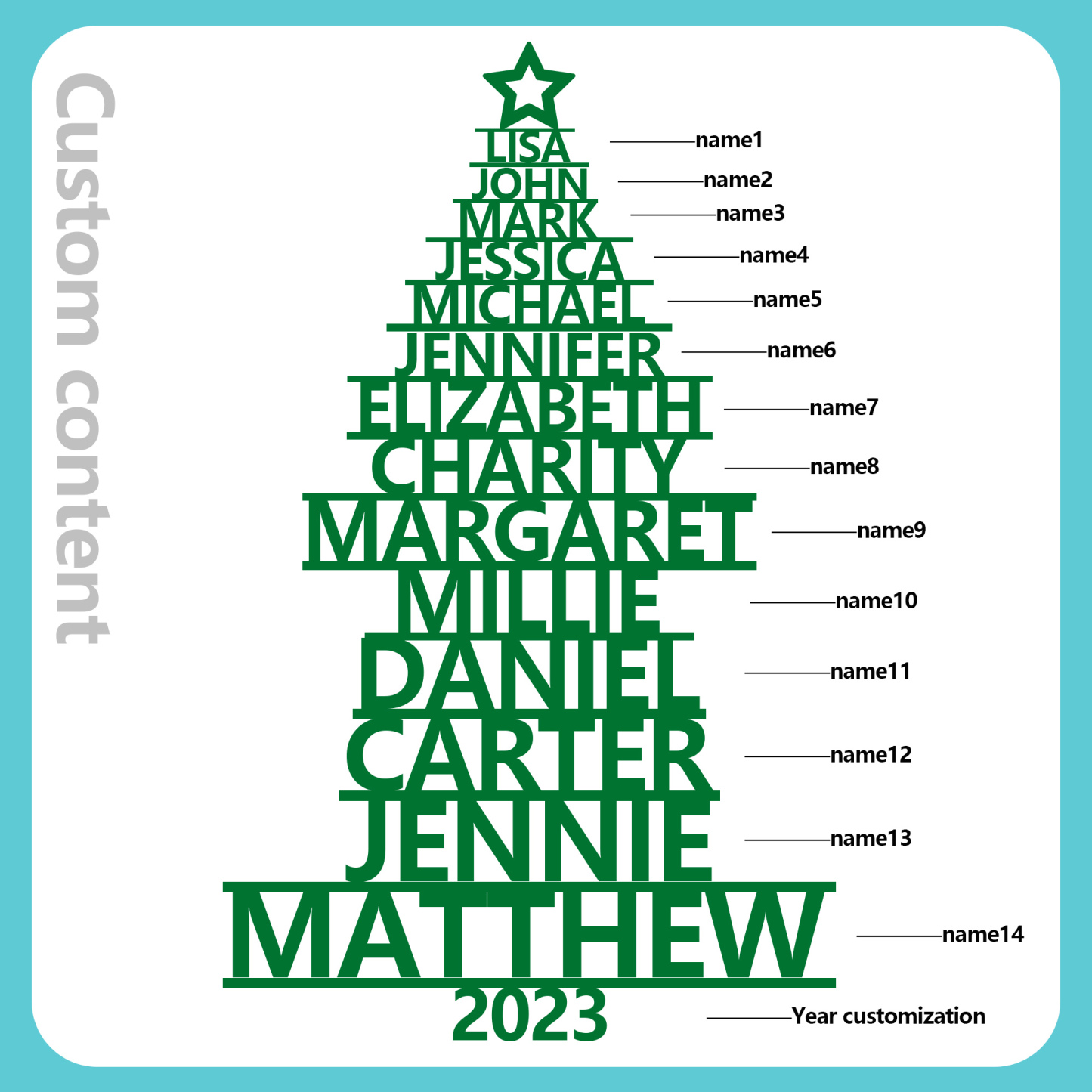 Navidad-Ornamento navideño de madera árbol de nombres con 14 nombres y año personalizados