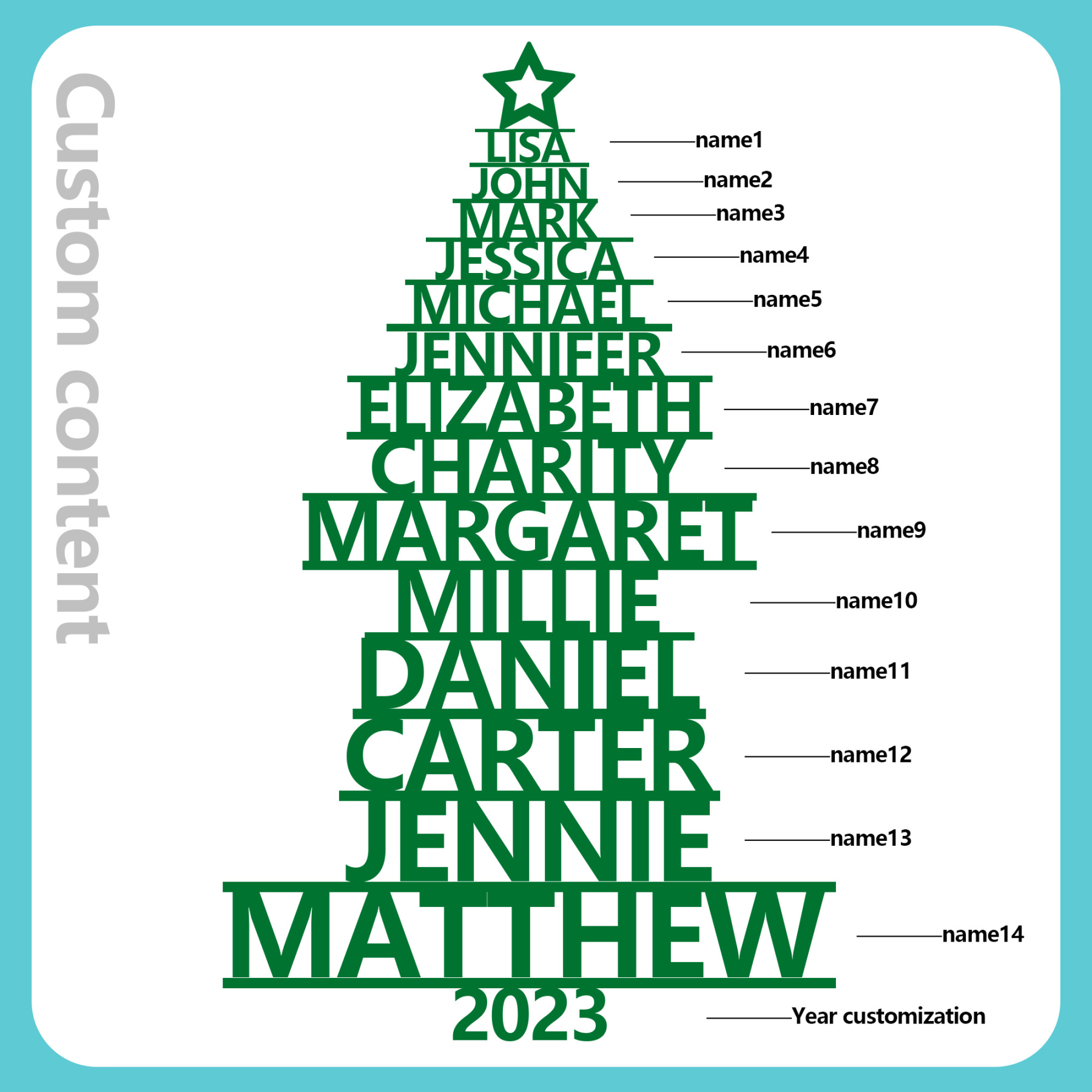 Navidad-Ornamento navideño de madera árbol de nombres con 14 nombres y año personalizados