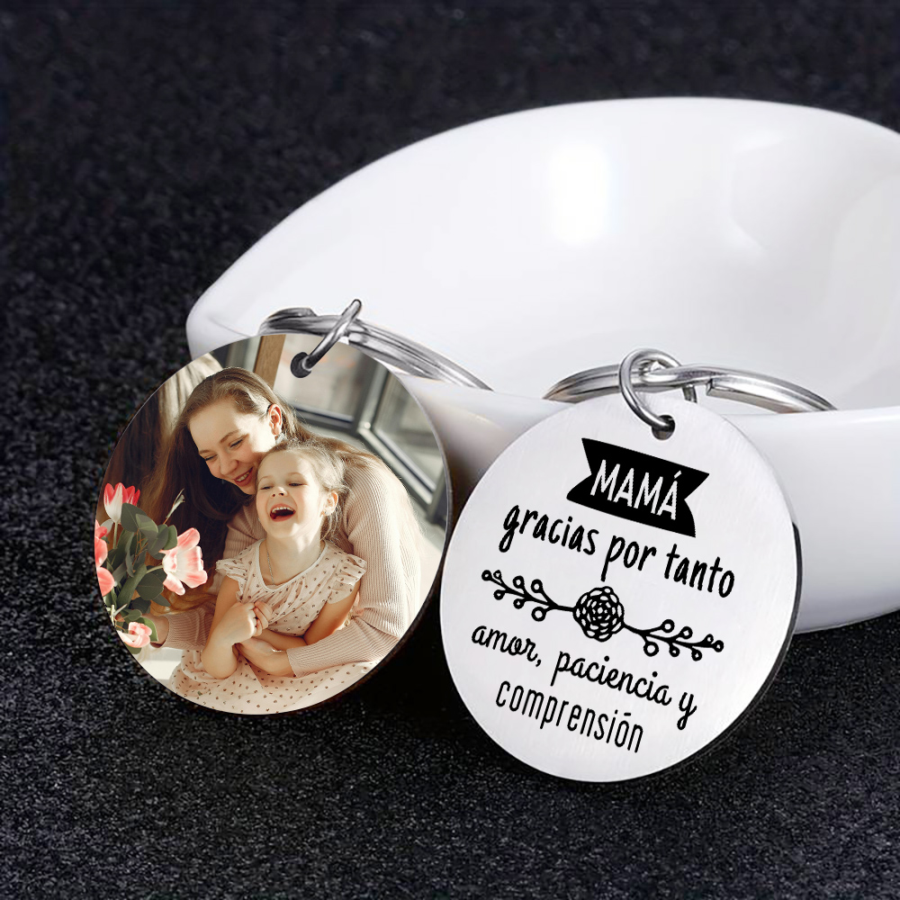A mi mamá - Llavero de placa redonda "gracias mamá" con 1 foto personalizada-Jessemade ES
