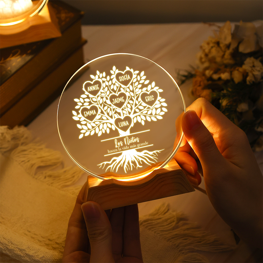 Luz nocturna LED de cristal personalizada con árbol genealógico, personalizable con 1 a 10 nombres