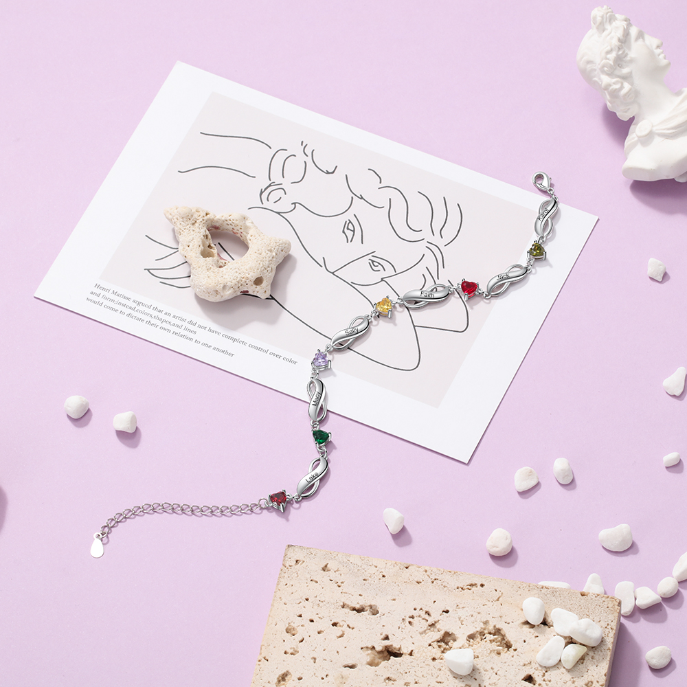 Pulsera "infinito" personalizada con 6 nombres y 6 piedras de nacimiento de corazón-Jessemade ES
