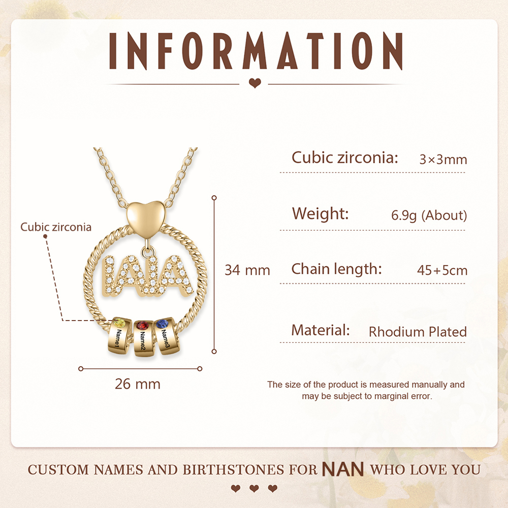 Navidad-Collar a abuela con colgante de "IAIA" con 3 nombres y 3 piedras de nacimiento personalizados | Jessemade