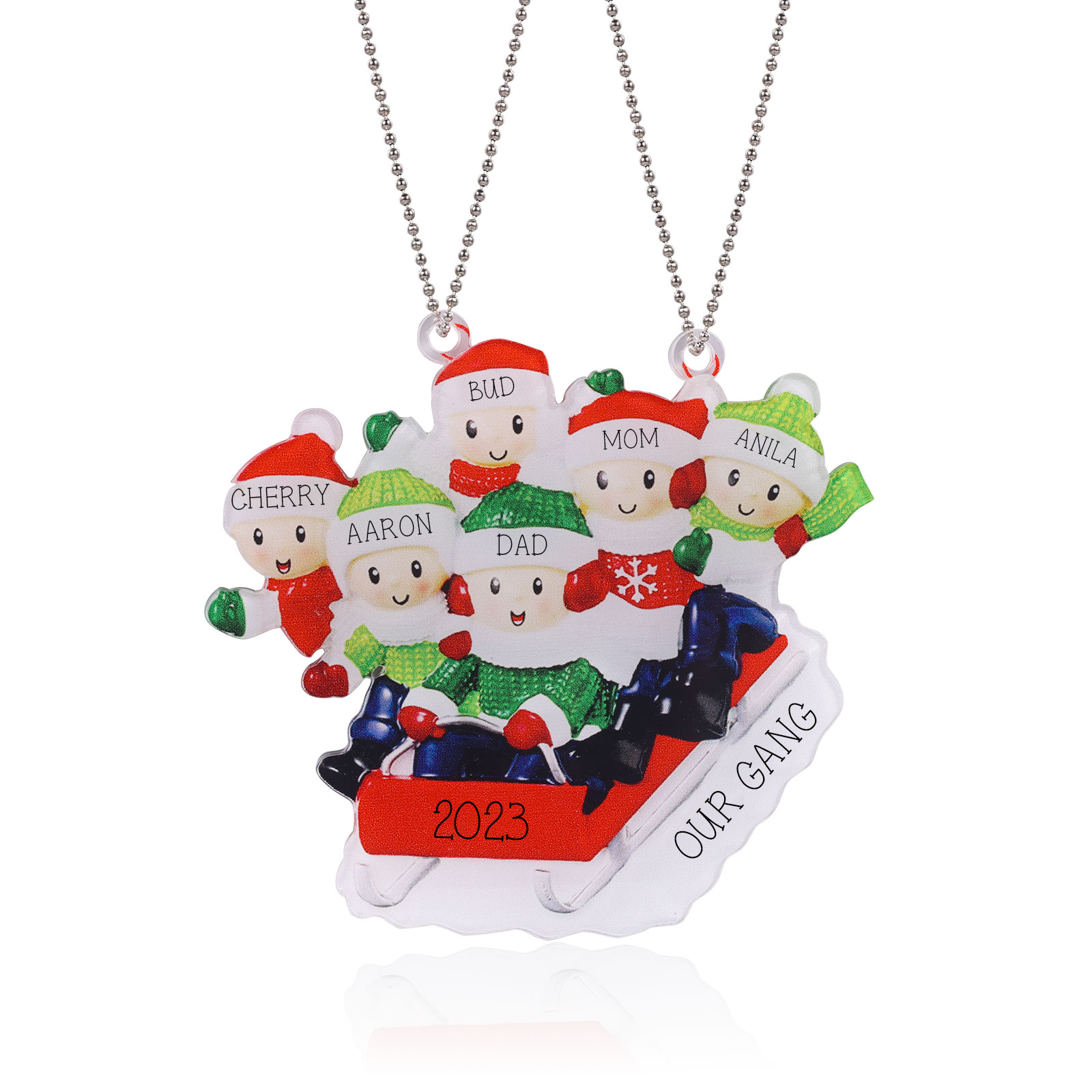 Navidad-Ornamentos Navideños de Acrílico Carro de Esquí 6 Nombres con Texto y Año Personalizados