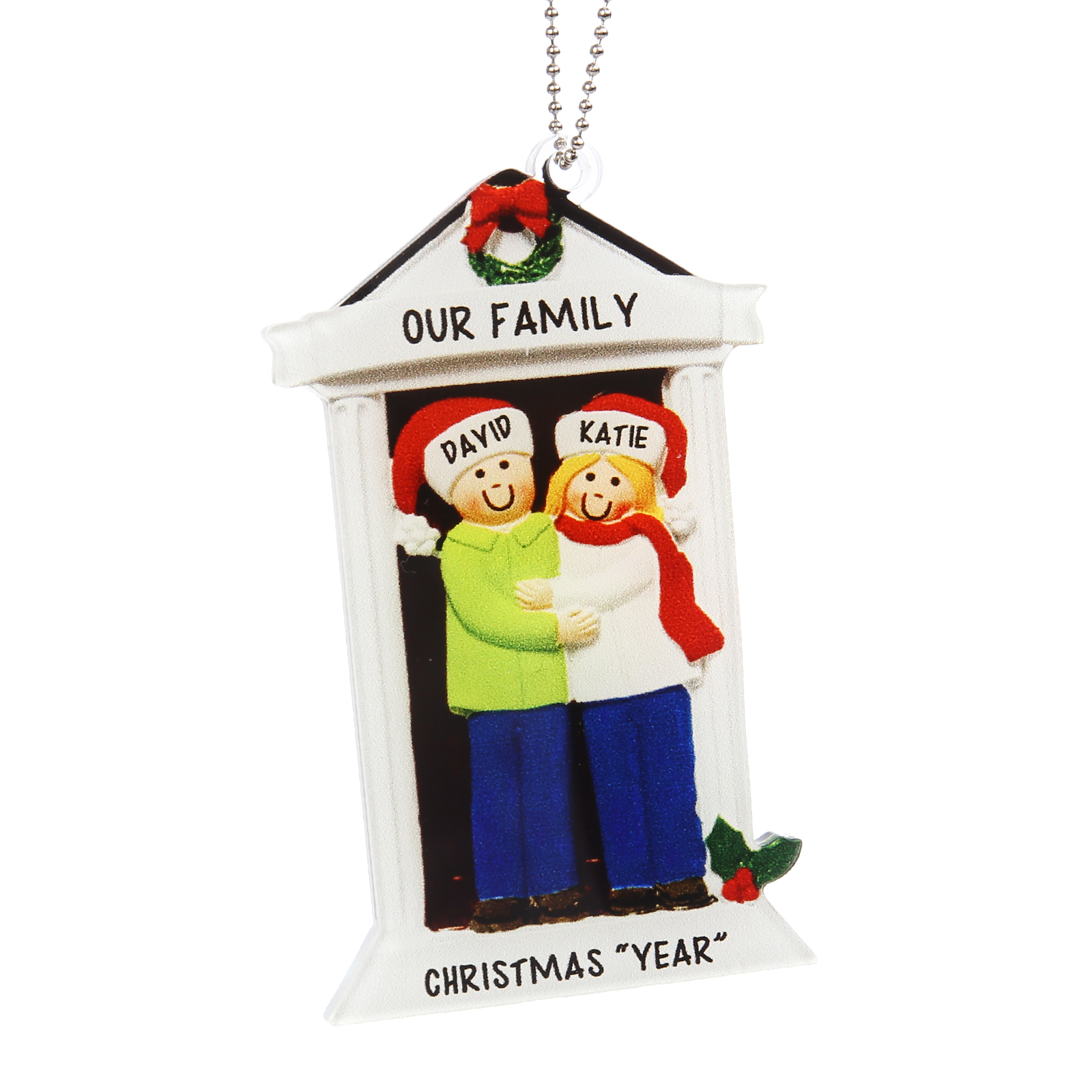 Navidad-Ornamentos Navideños de Acrílico Familia en Puerta 2 Nombres Personalizados con 2 Textos