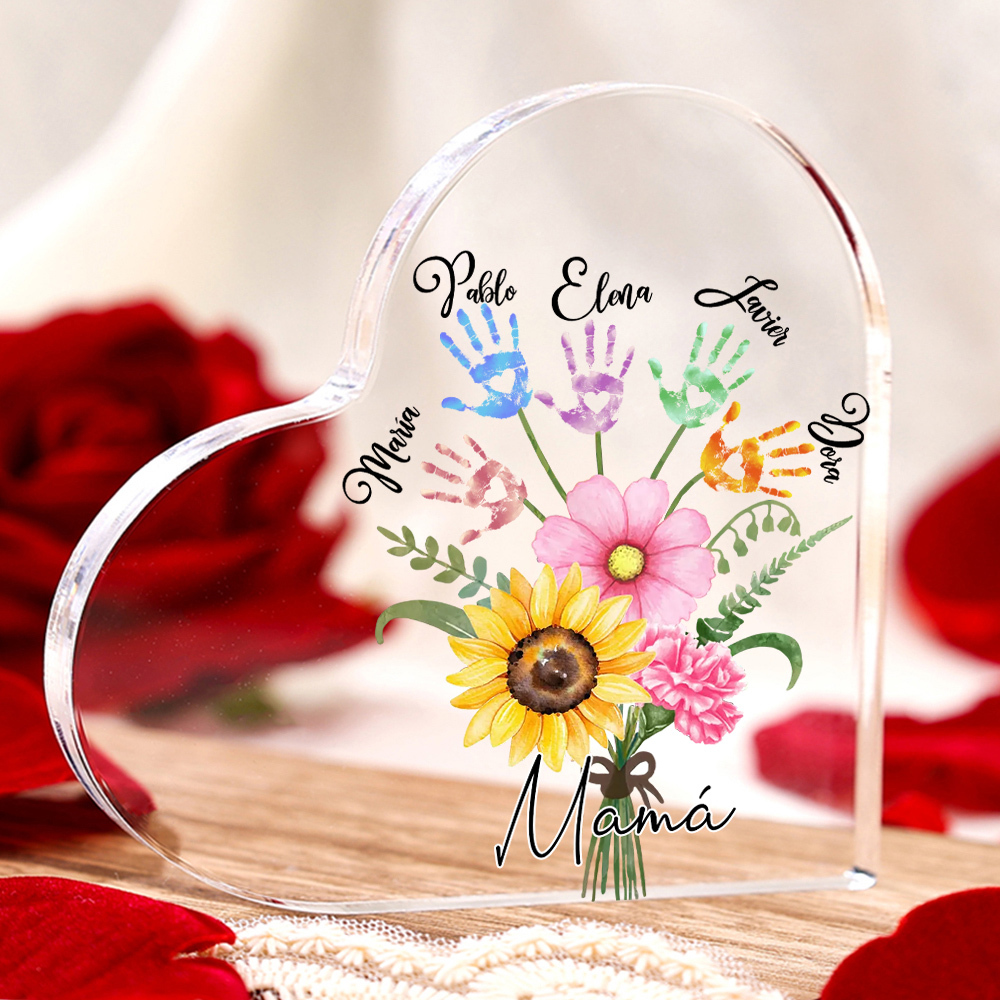 A mi mamá-Placa de acrílico en forma de corazón flor y manitas 1-5 nombres personalizados-Jessemade ES