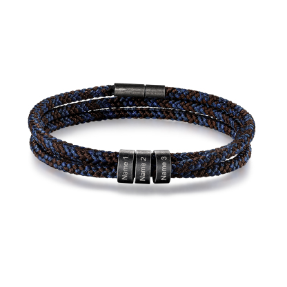 Pulsera de triple cuerda azul y marrón con 3 aros 3 nombres personalizados pulsera de hombre -Jessemade ES